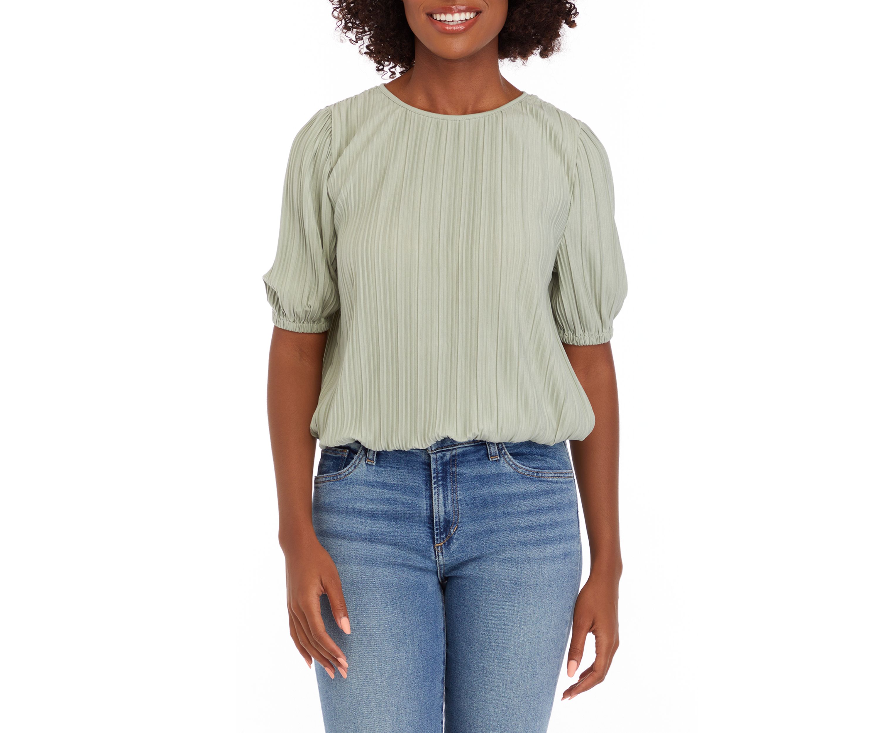 Womens Puff Sleeve Bubble Hem Top