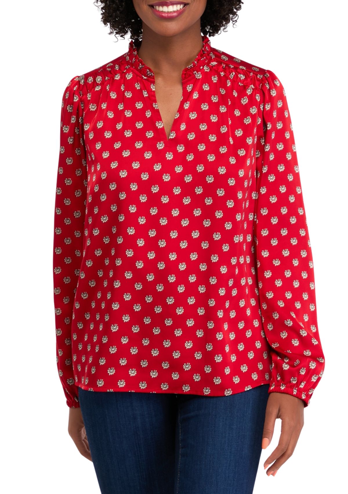 Womens Ruffle Split Neck Printed Blouse