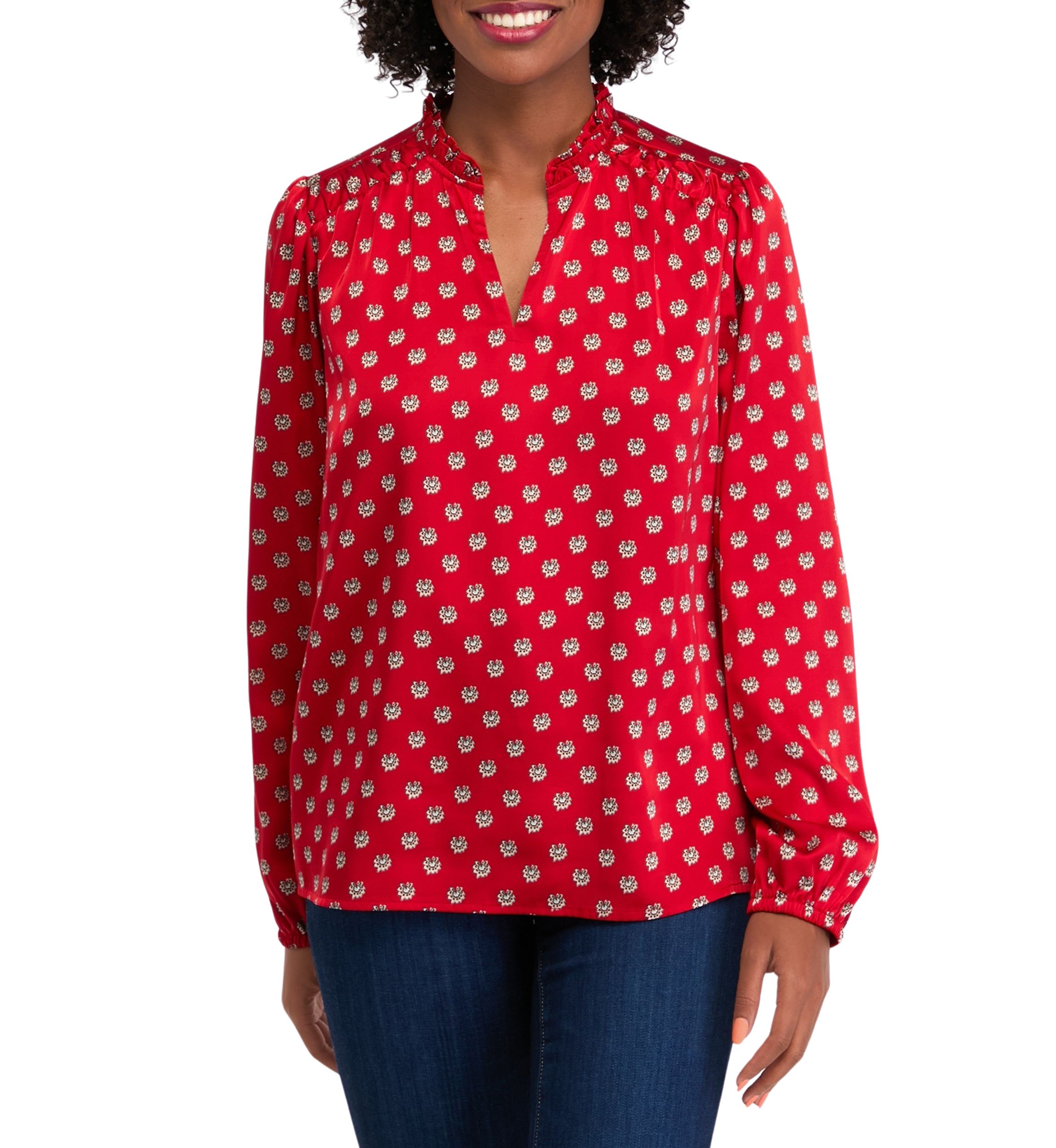 Womens Ruffle Split Neck Printed Blouse