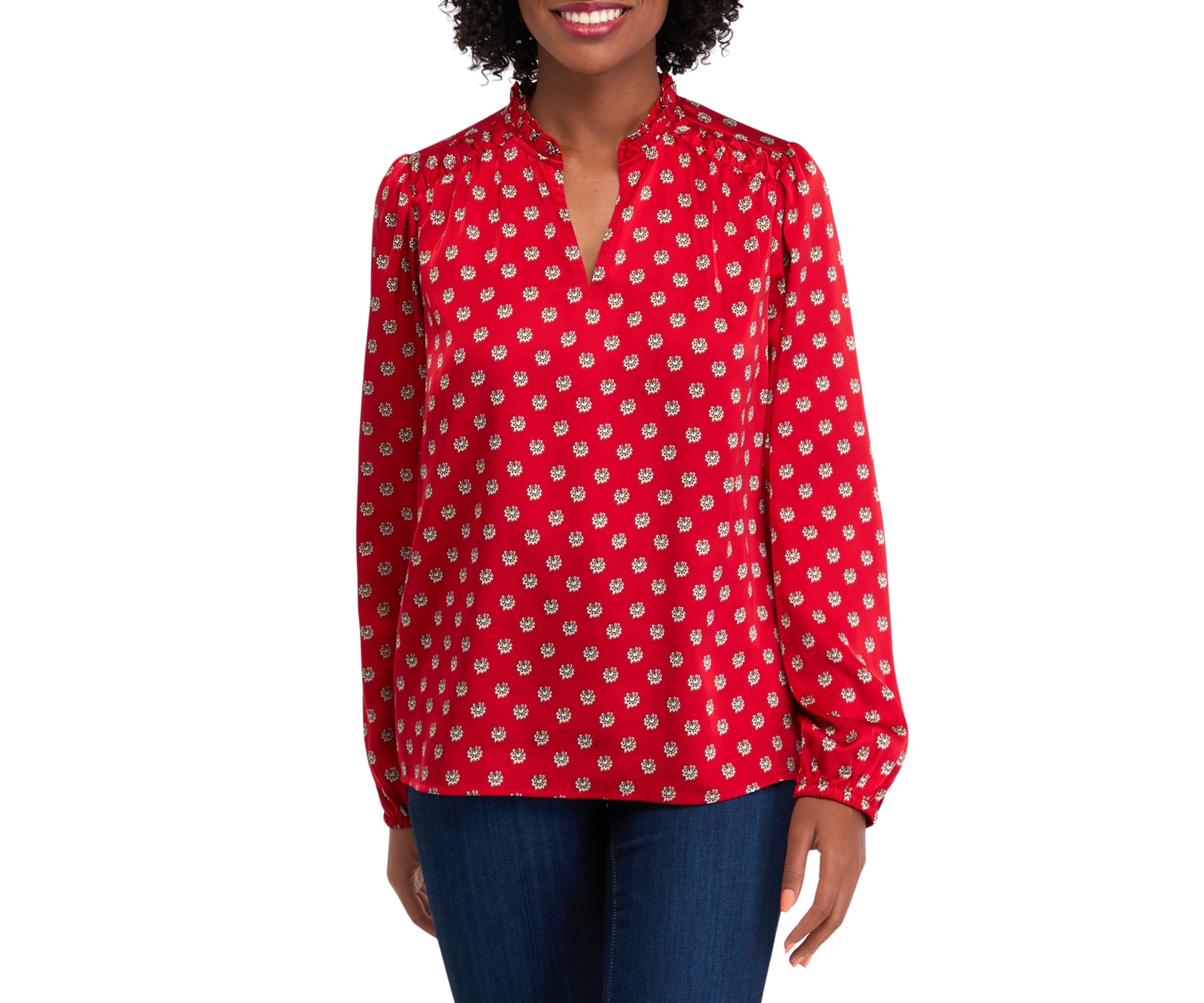 Womens Ruffle Split Neck Printed Blouse