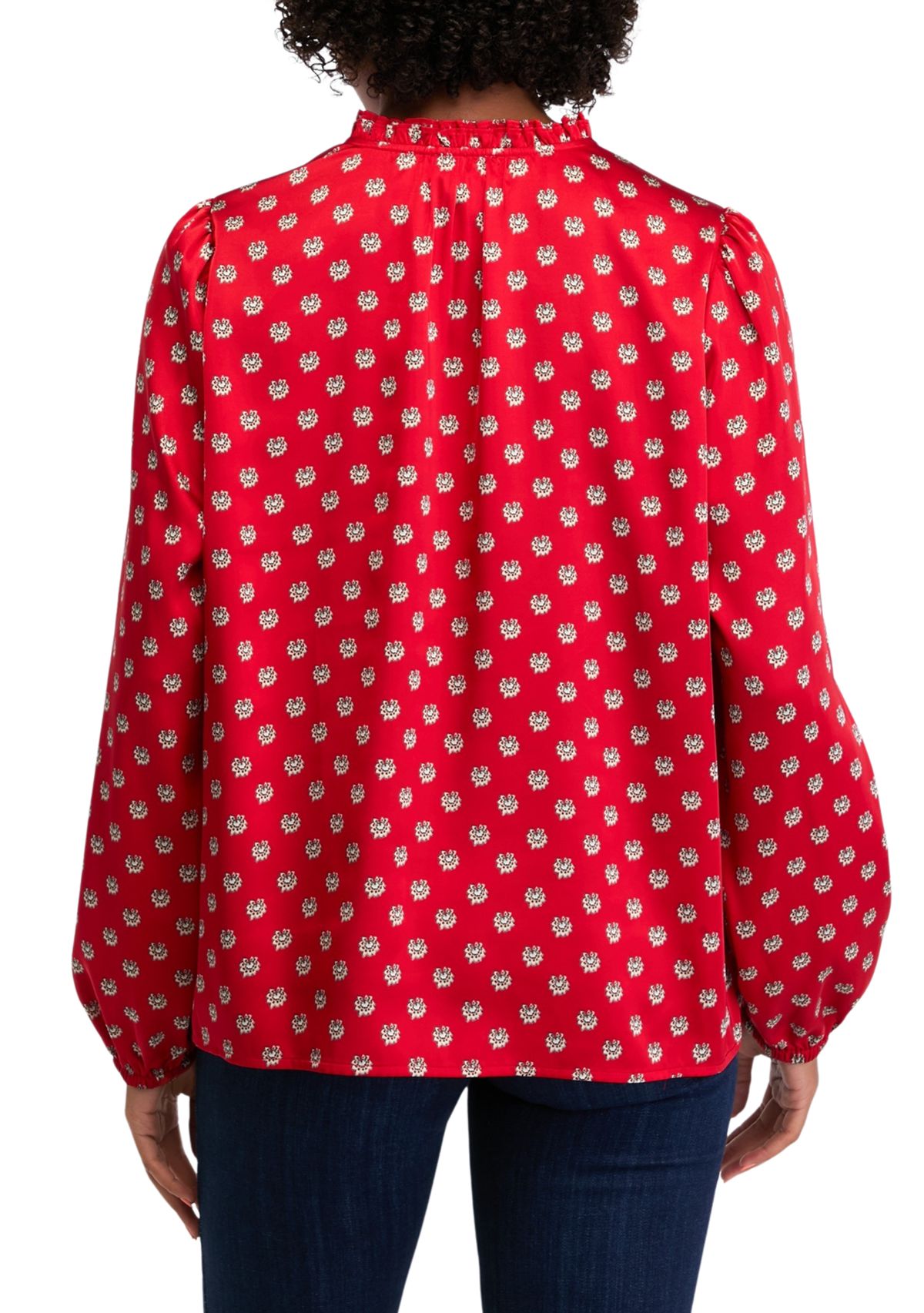 Womens Ruffle Split Neck Printed Blouse