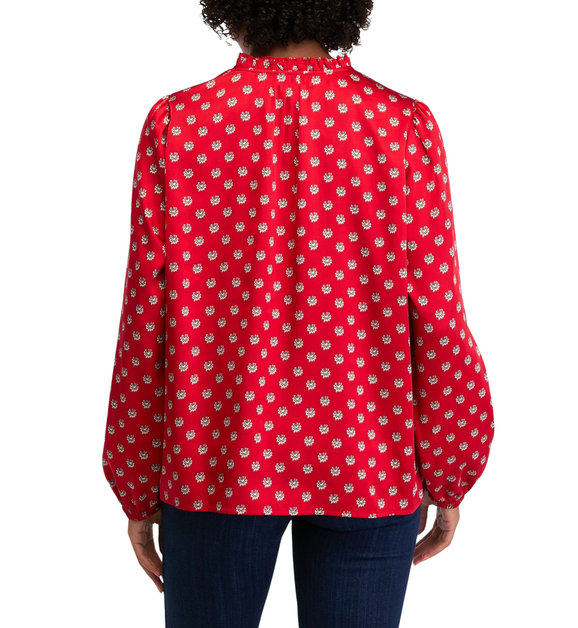 Womens Ruffle Split Neck Printed Blouse