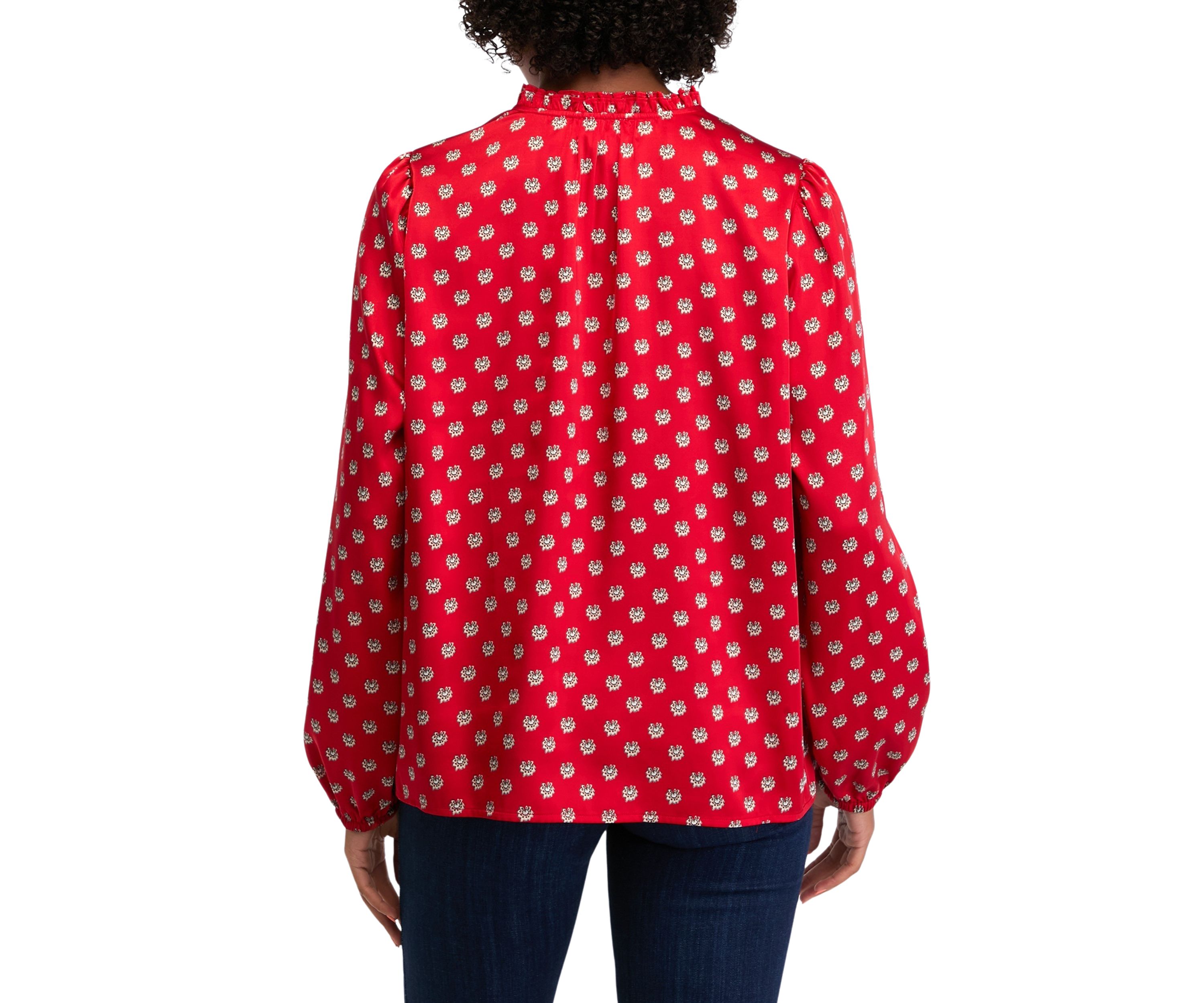 Womens Ruffle Split Neck Printed Blouse