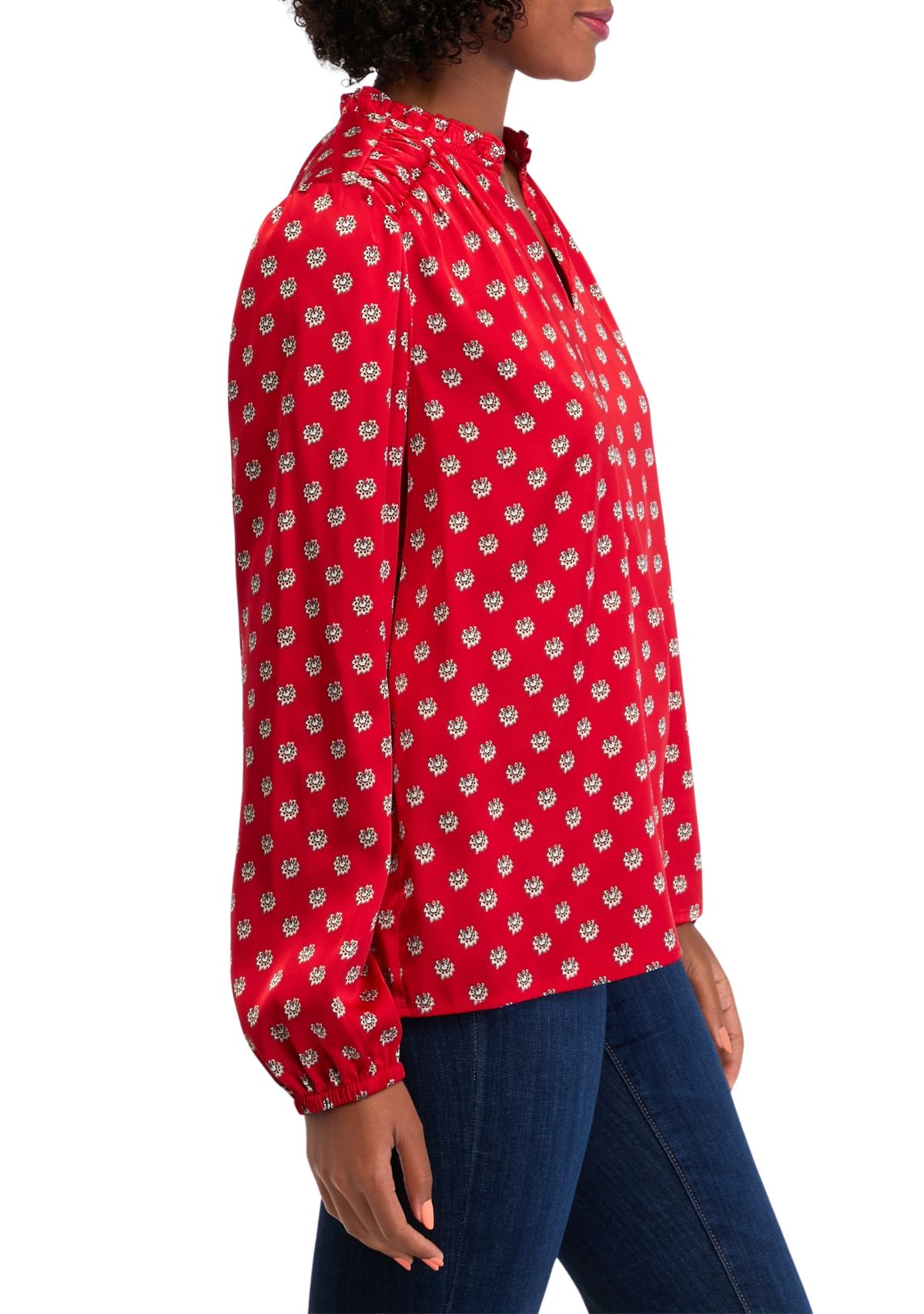 Womens Ruffle Split Neck Printed Blouse