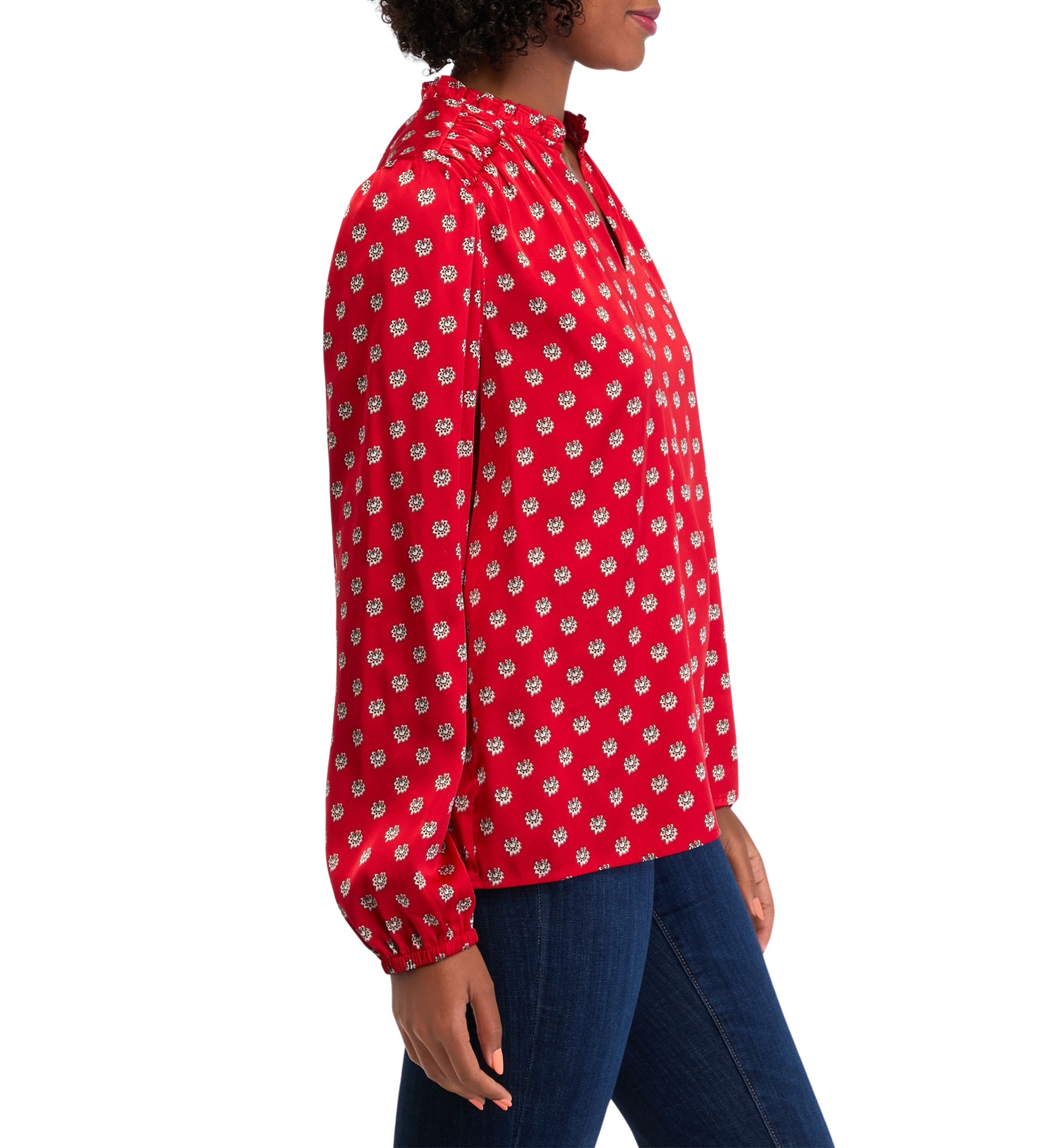 Womens Ruffle Split Neck Printed Blouse