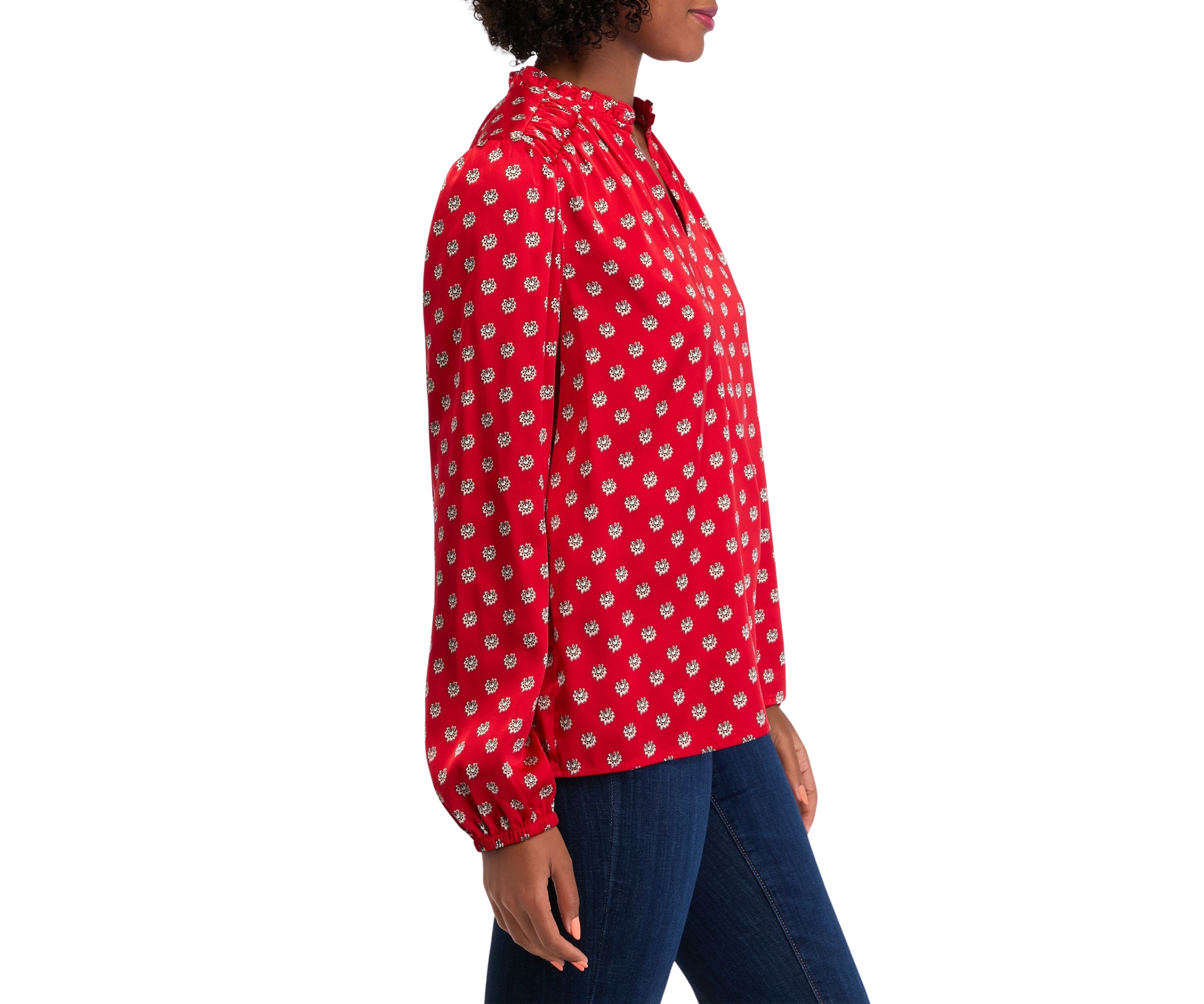 Womens Ruffle Split Neck Printed Blouse