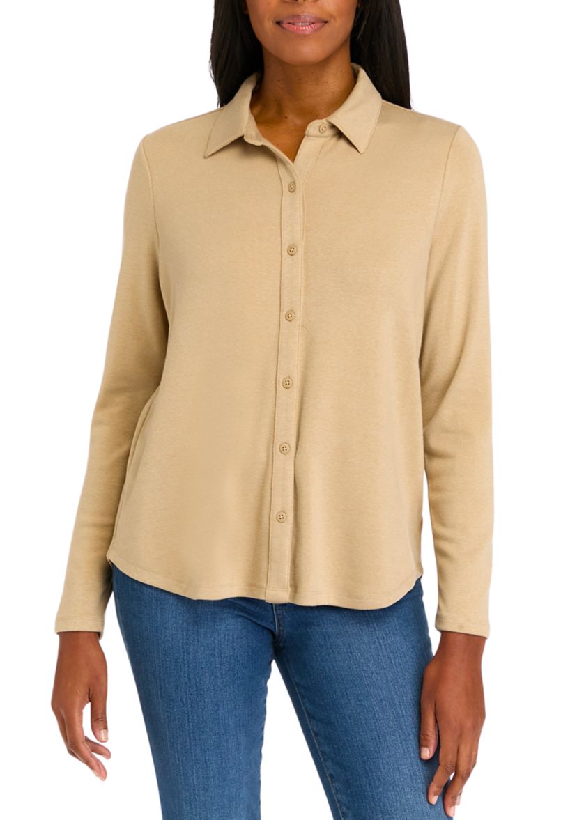 Womens Long Sleeve Knit Button Down Shirt