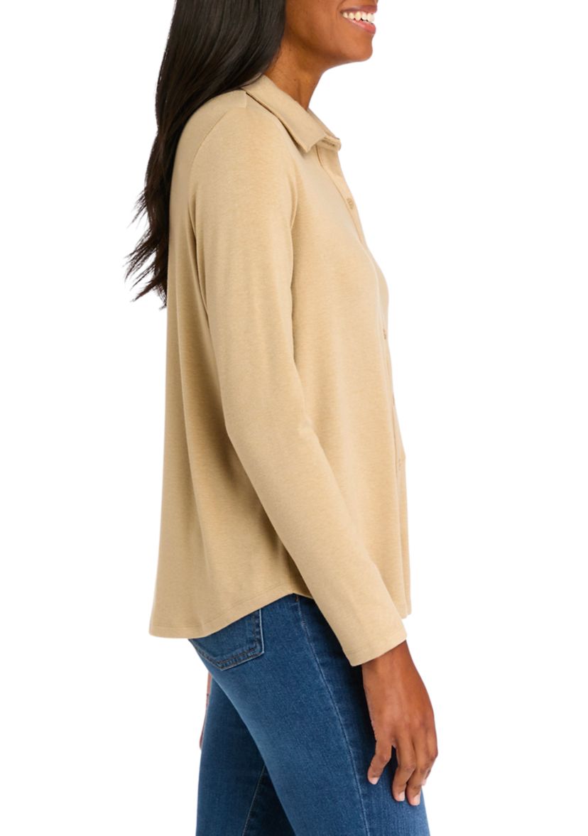Womens Long Sleeve Knit Button Down Shirt
