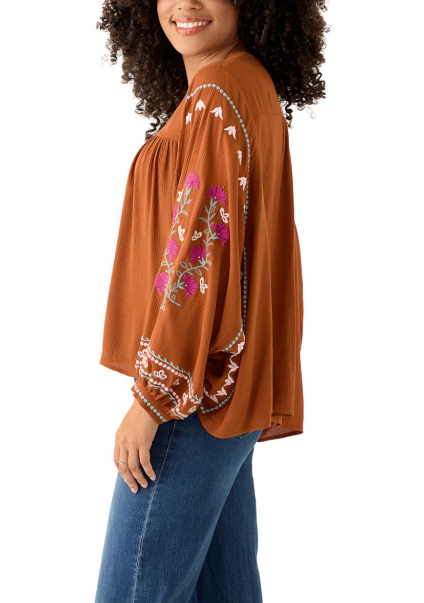 Womens Embroidered Batwing Sleeve Top