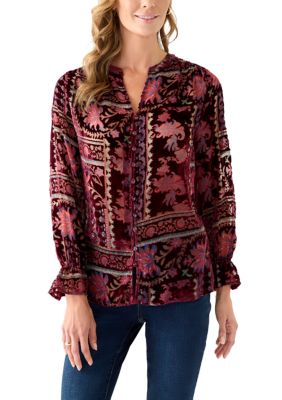 Wonderly Women's Burnout Velvet Long Sleeve Shirt, Red, Large