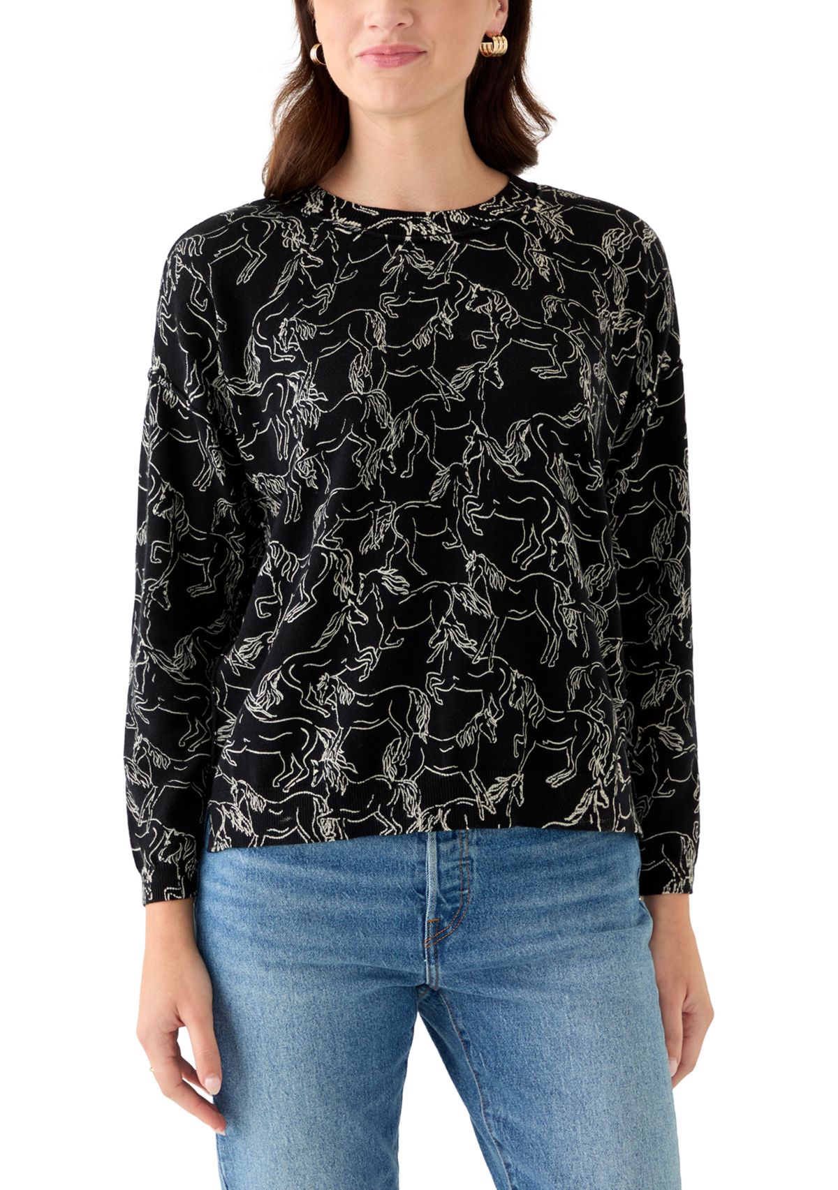 Womens Fine Gauge Crew Neck Printed Sweater