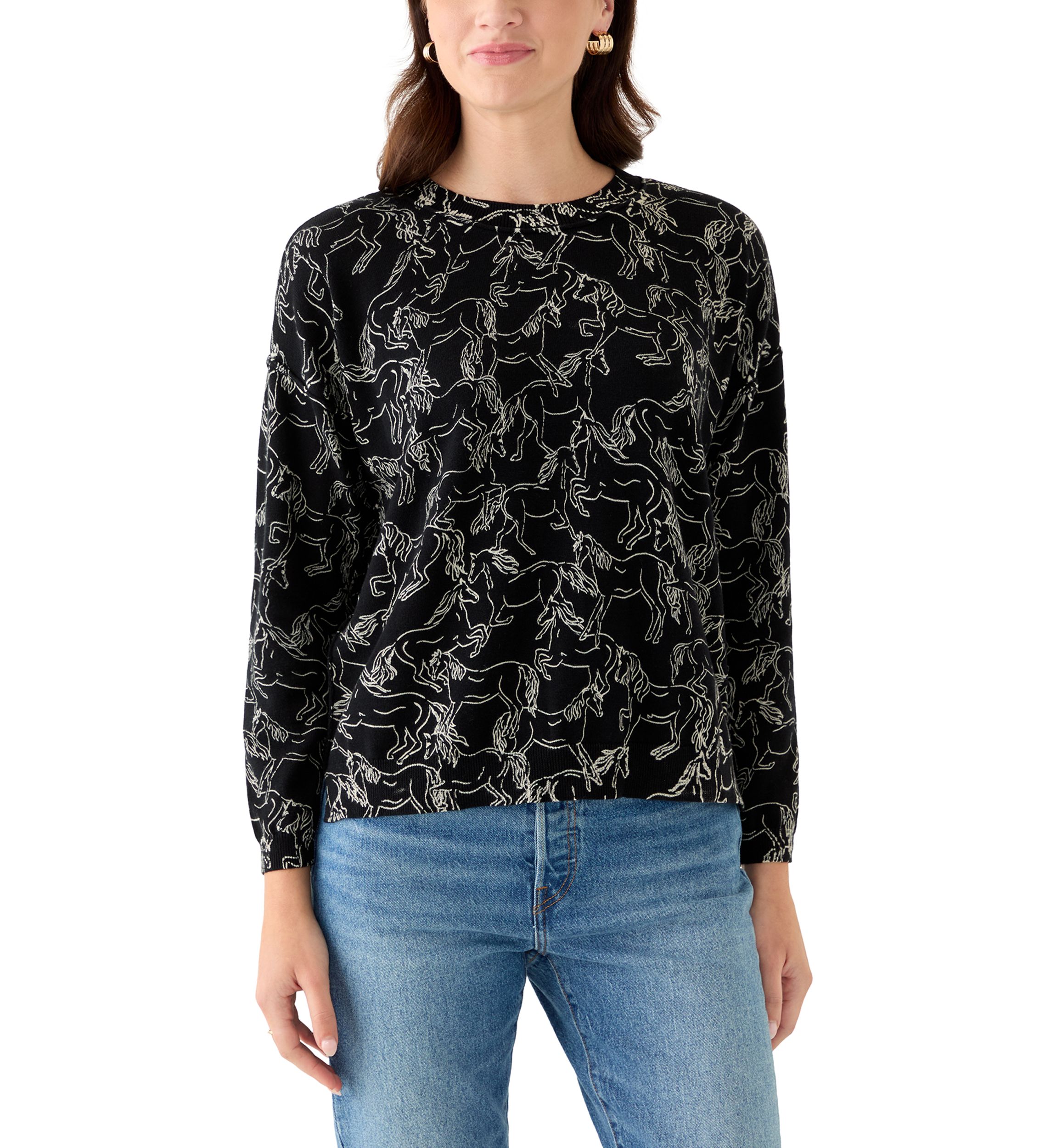 Womens Fine Gauge Crew Neck Printed Sweater