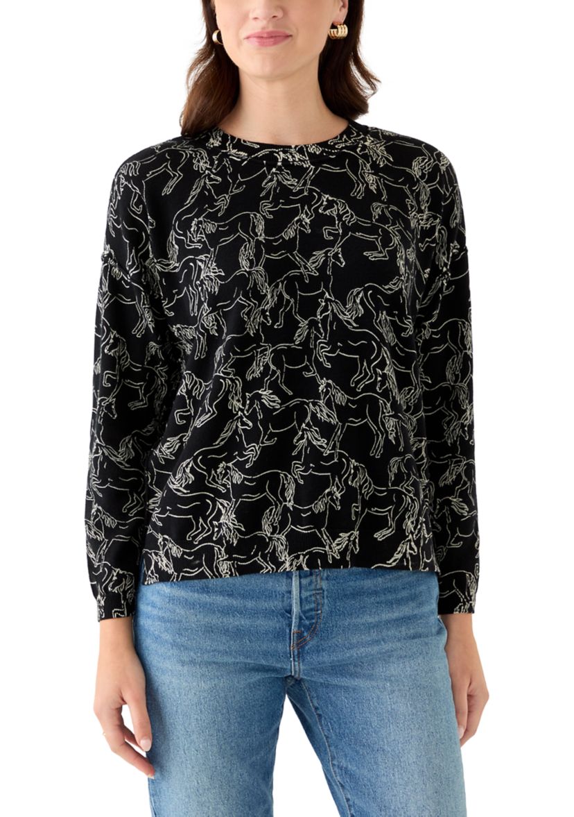 Womens Fine Gauge Crew Neck Printed Sweater