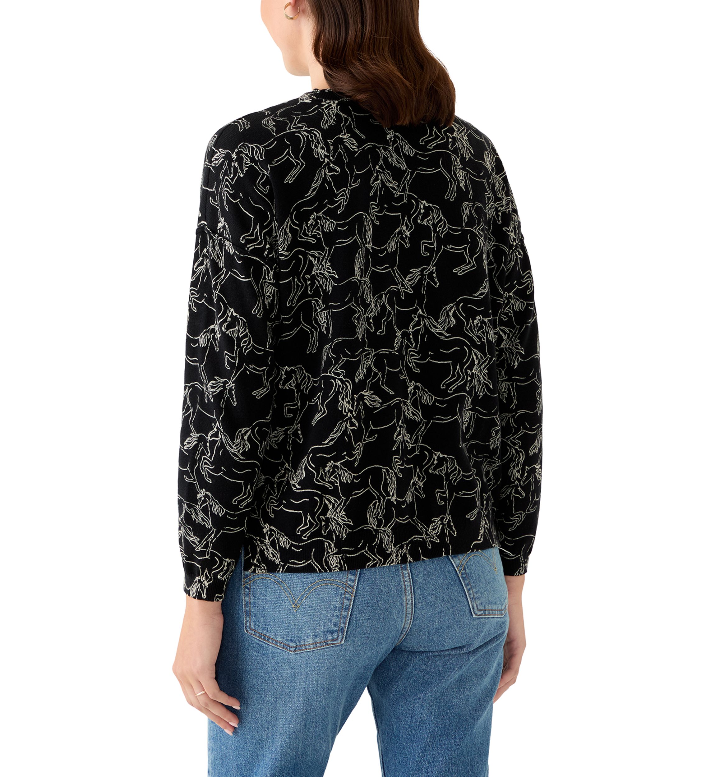 Womens Fine Gauge Crew Neck Printed Sweater