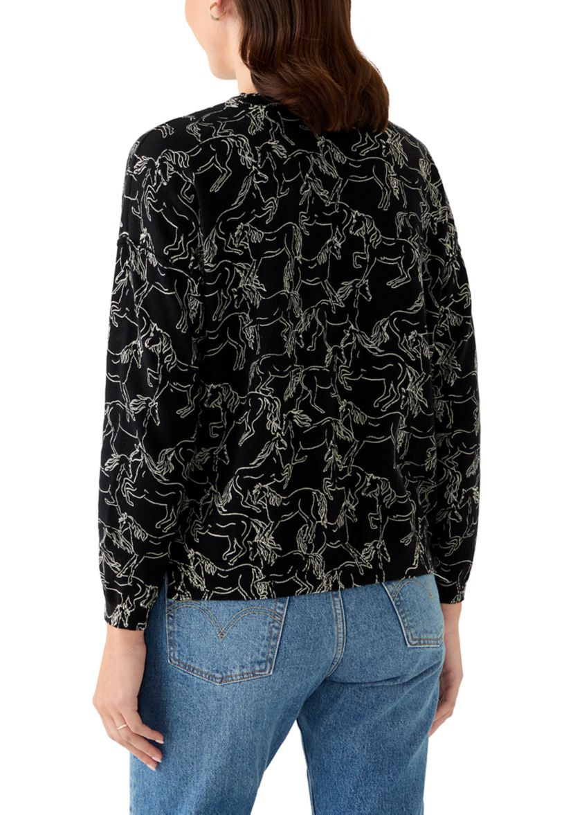 Womens Fine Gauge Crew Neck Printed Sweater