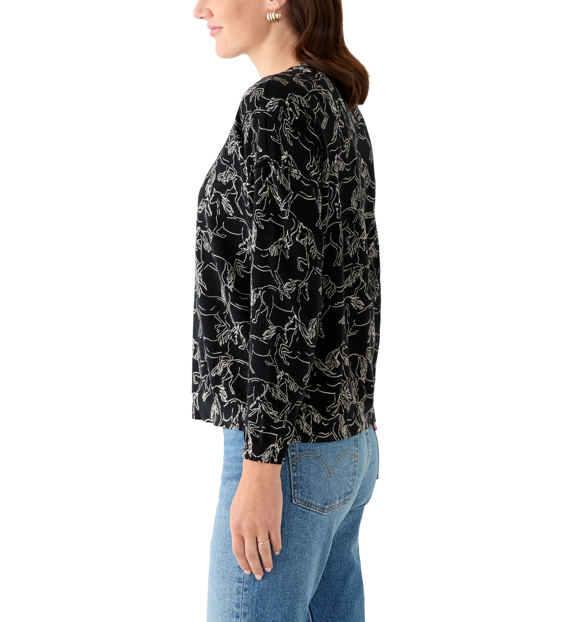 Womens Fine Gauge Crew Neck Printed Sweater