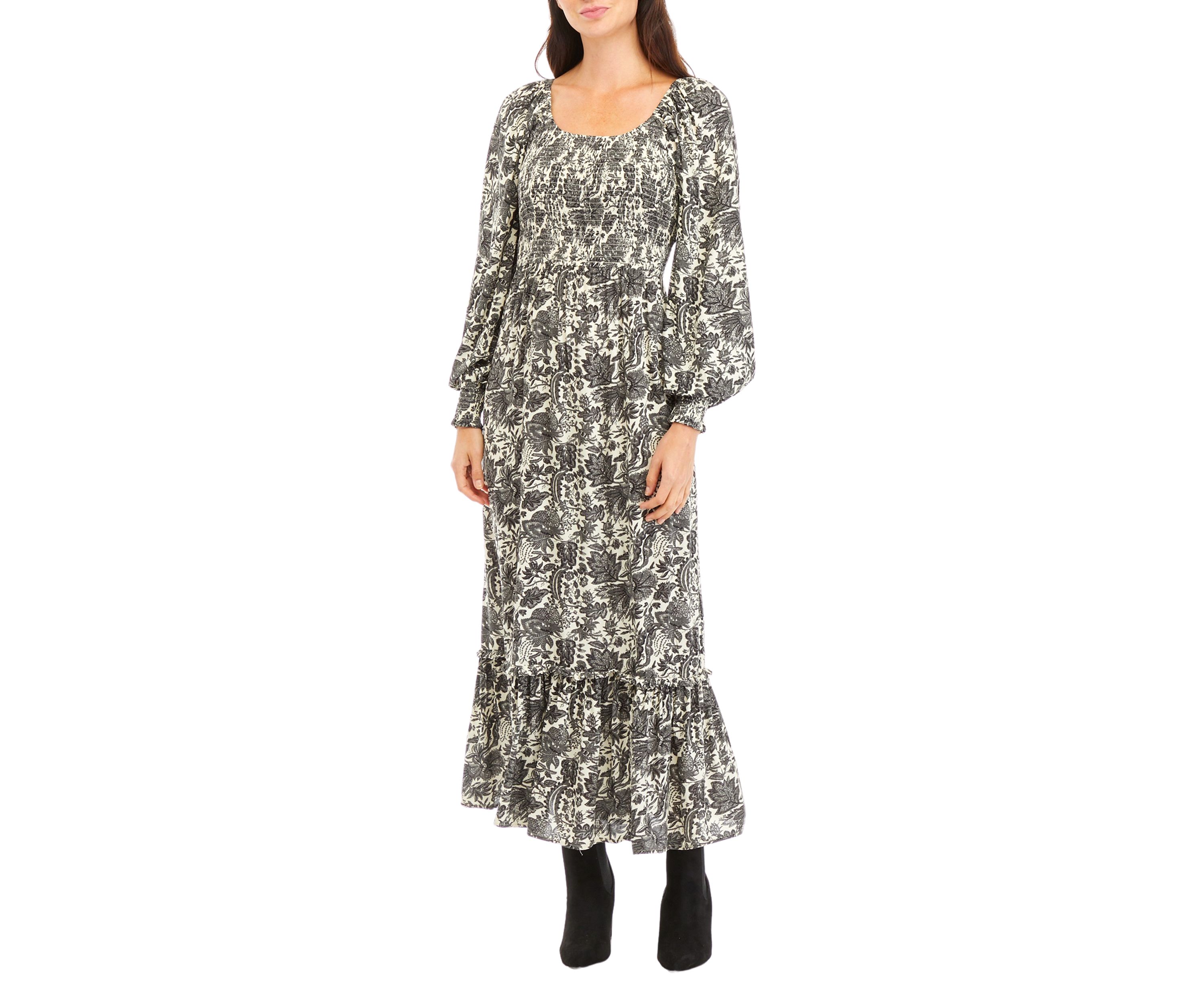 Womens Tapestry Floral Printed Smocked Maxi Dress