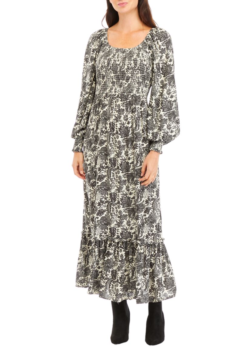Womens Tapestry Floral Printed Smocked Maxi Dress