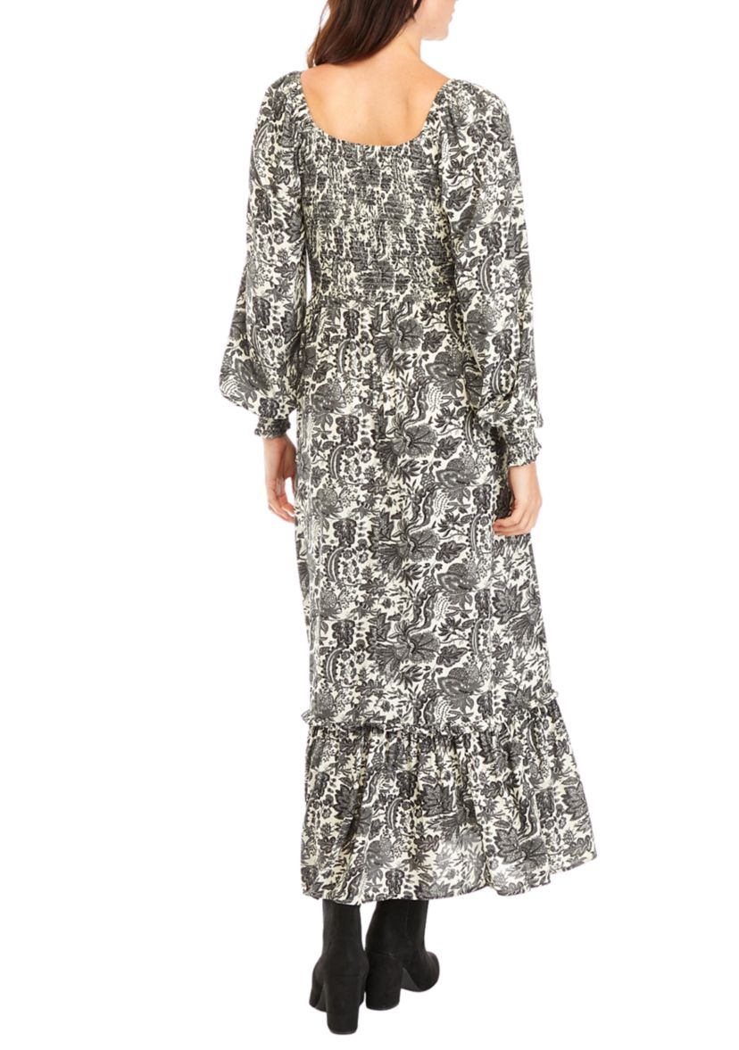 Womens Tapestry Floral Printed Smocked Maxi Dress