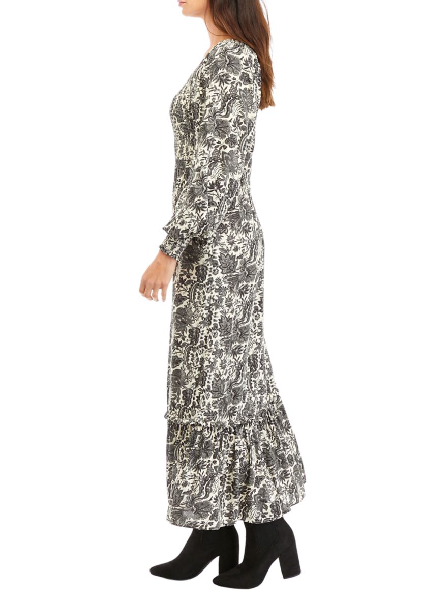 Womens Tapestry Floral Printed Smocked Maxi Dress