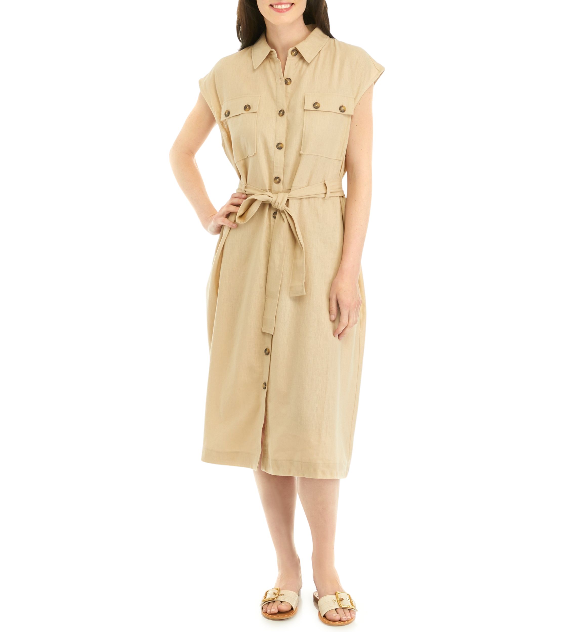 Womens Button Front Mid Shirtdress 