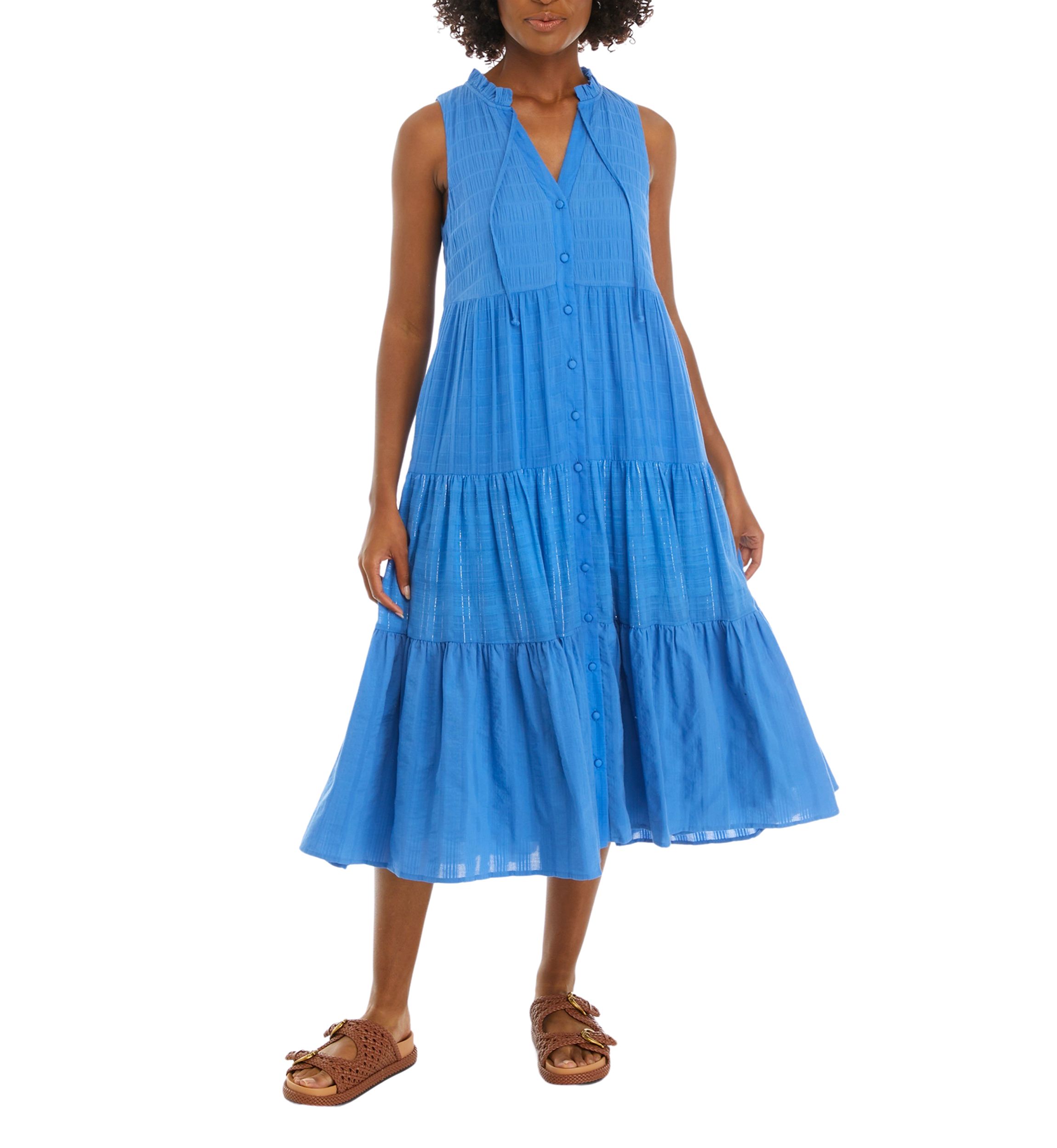 Womens Tiered Button Front Midi Dress