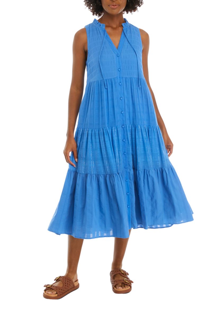 Womens Tiered Button Front Midi Dress