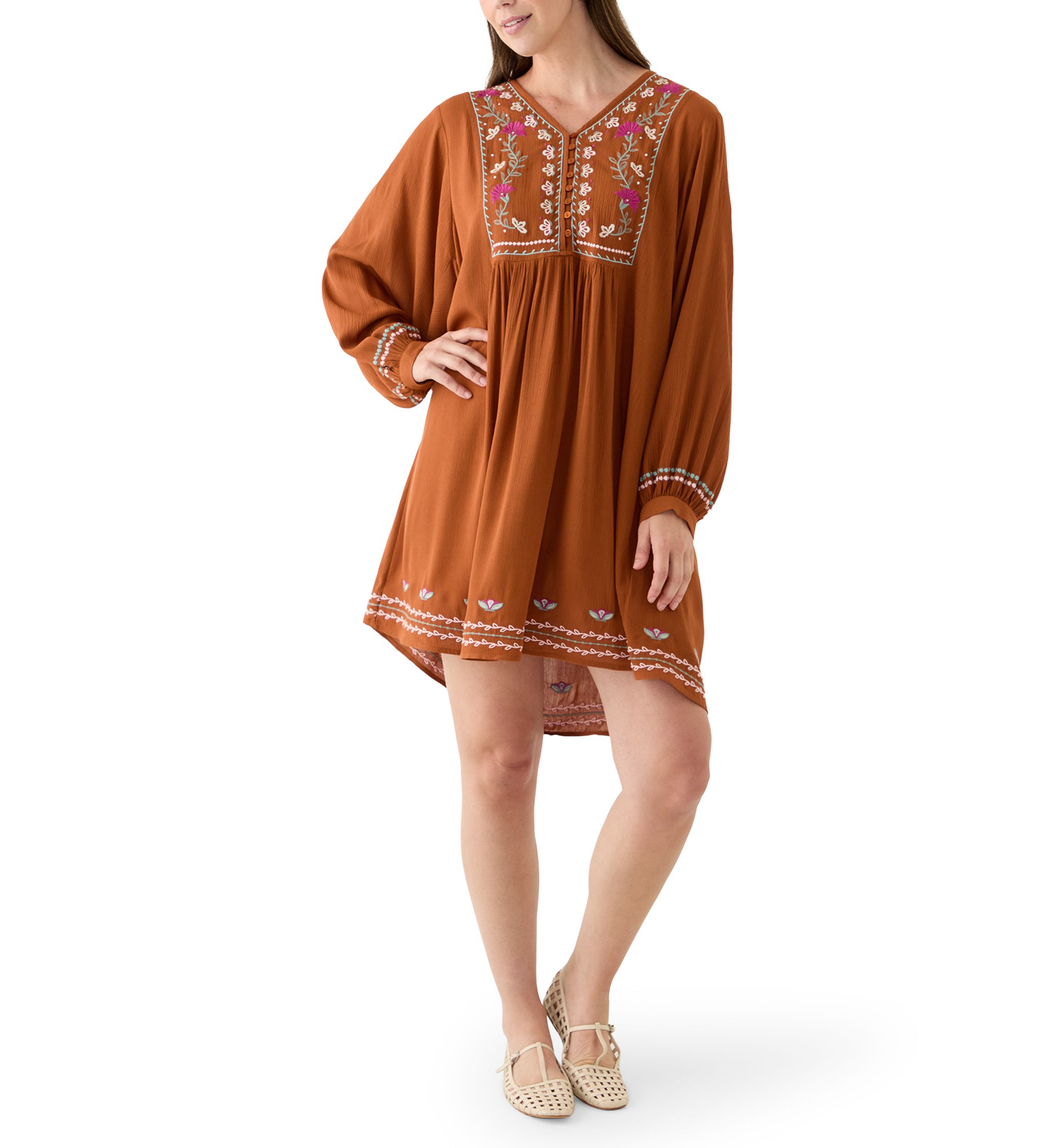 Womens Embroidered Long Sleeve Mini Dress