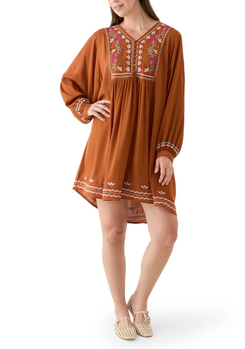 Womens Embroidered Long Sleeve Mini Dress