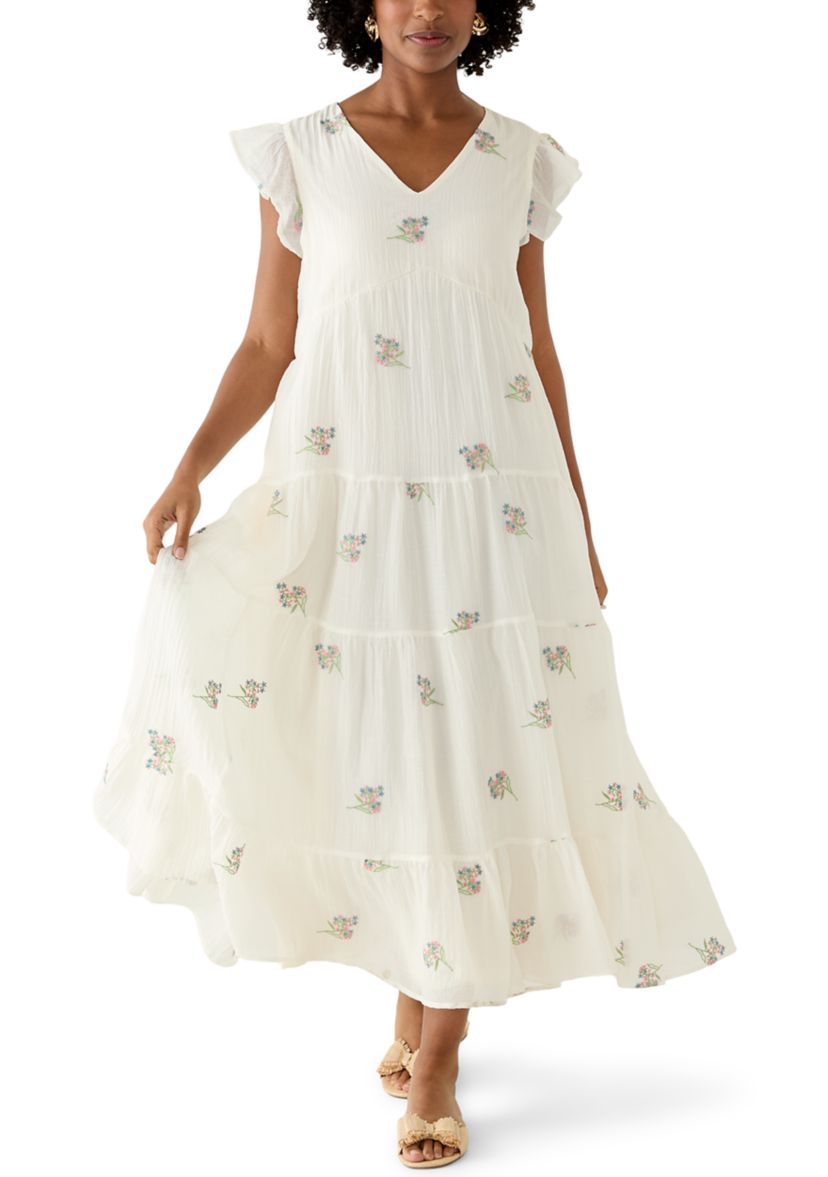 Wonderly Women's Short Flutter Sleeve Embroidered Midi Dress, Small