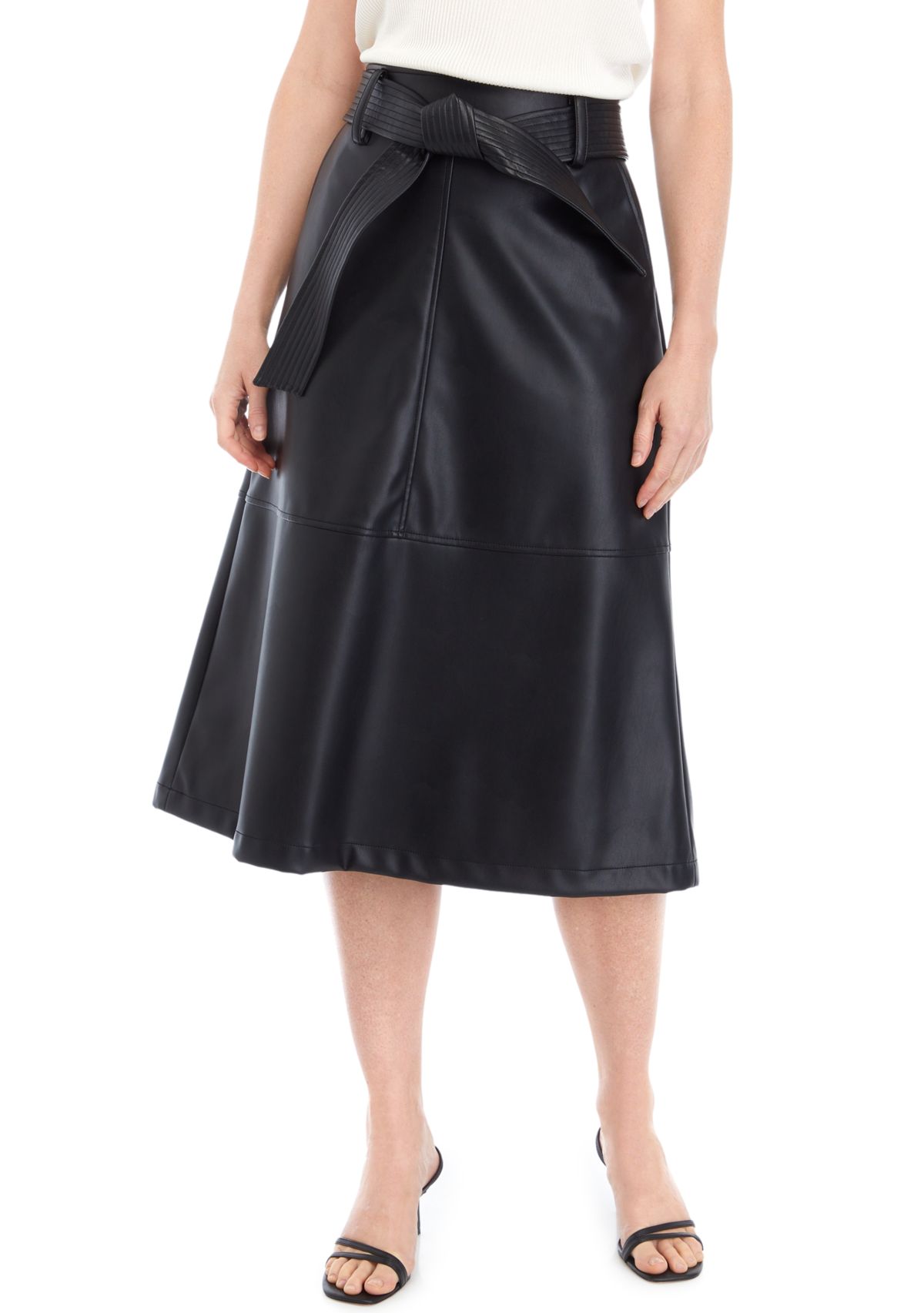 Womens Belted Vegan Leather Midi Dress