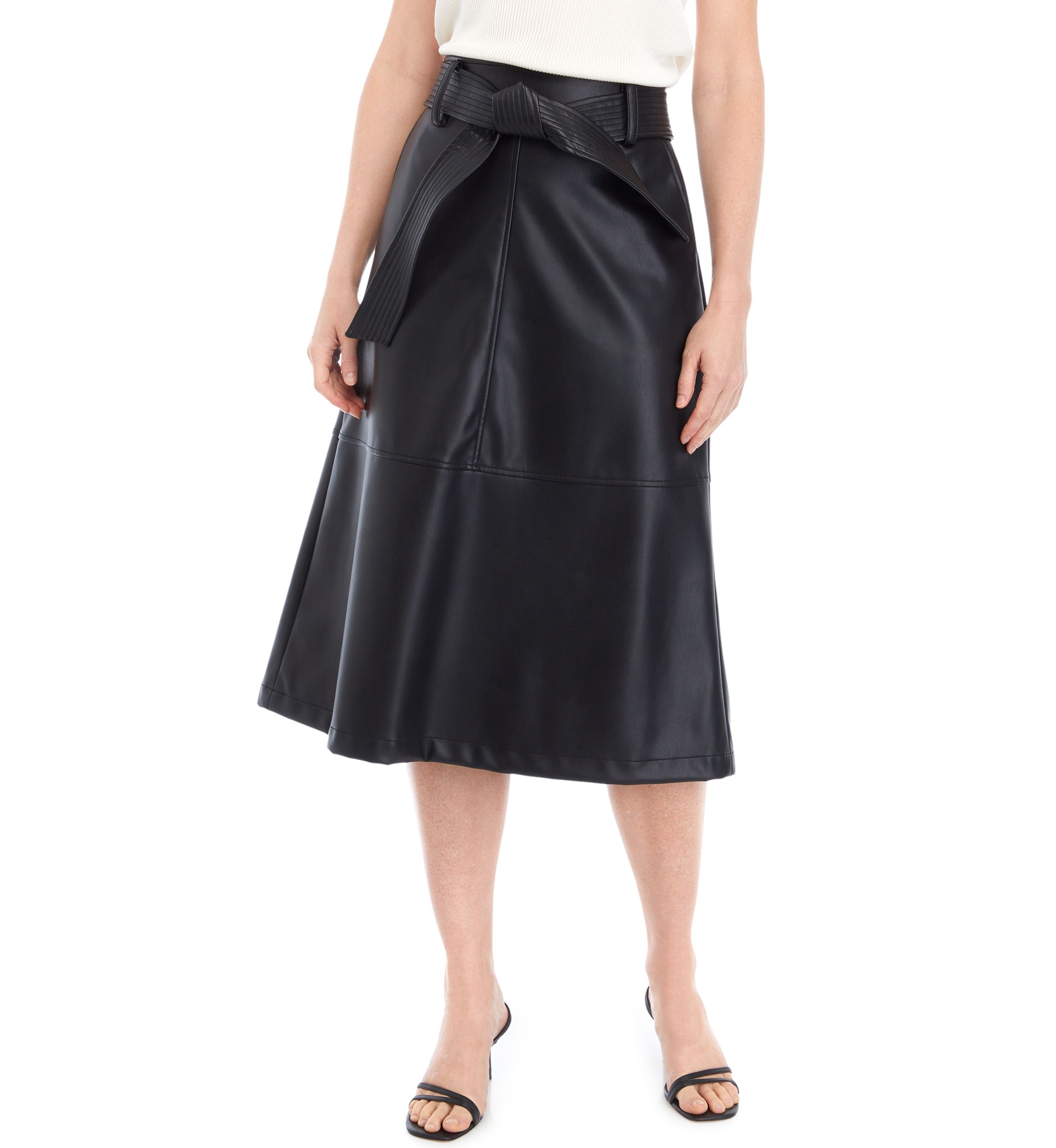 Womens Belted Vegan Leather Midi Dress