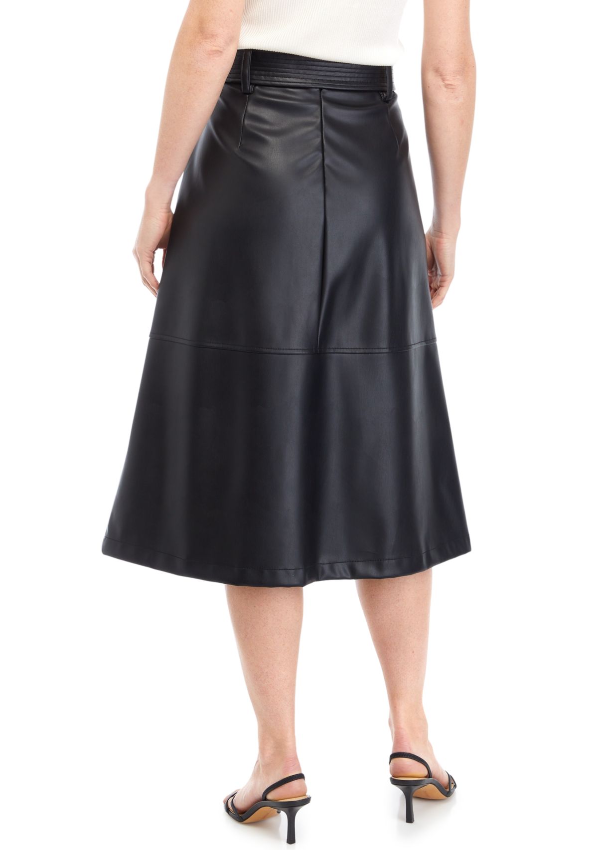 Womens Belted Vegan Leather Midi Dress