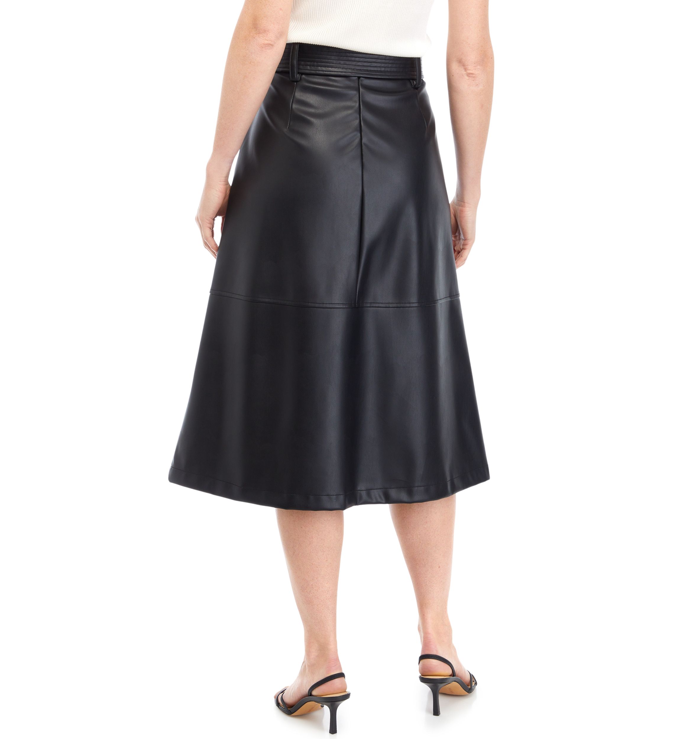 Womens Belted Vegan Leather Midi Dress
