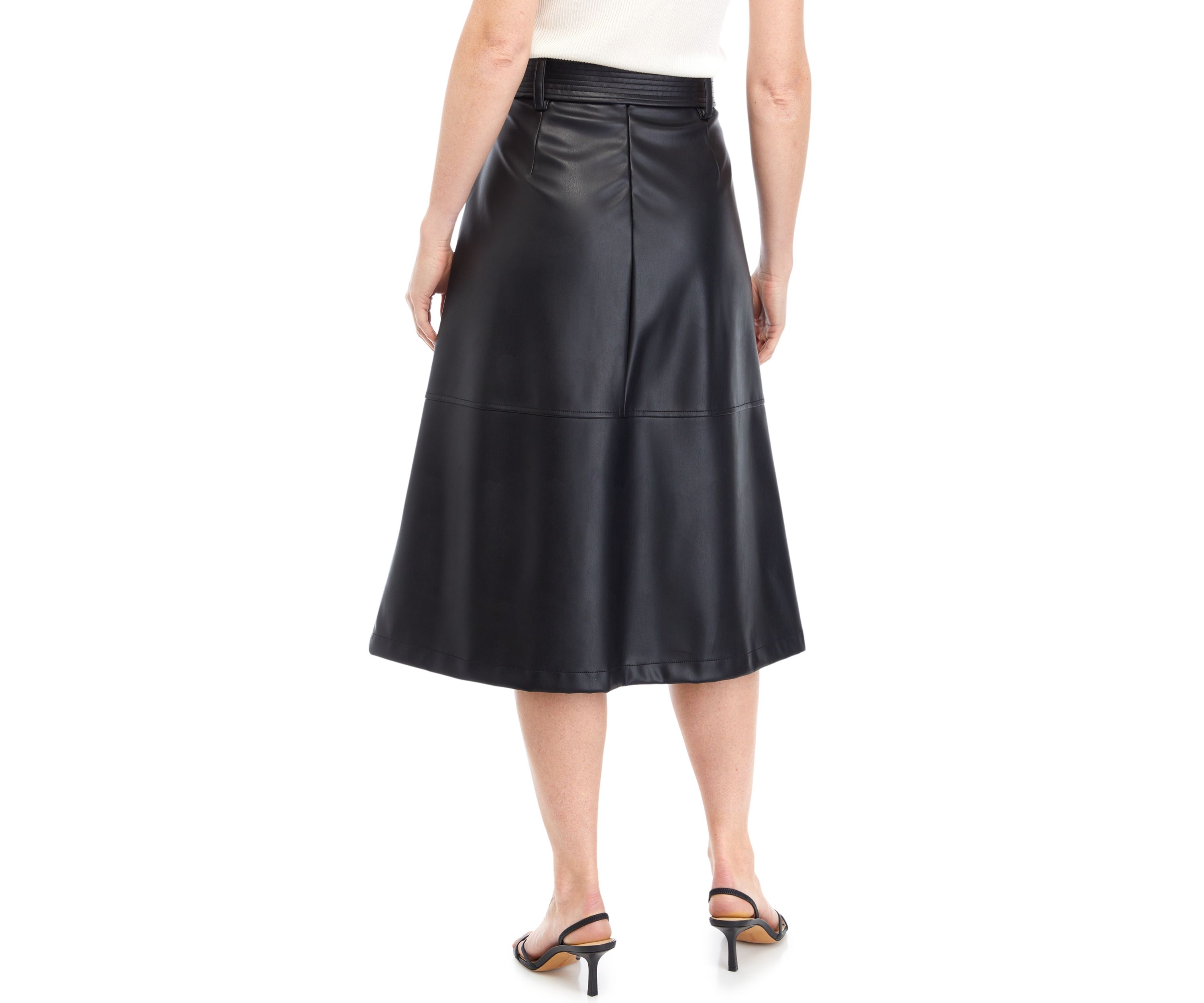 Womens Belted Vegan Leather Midi Dress