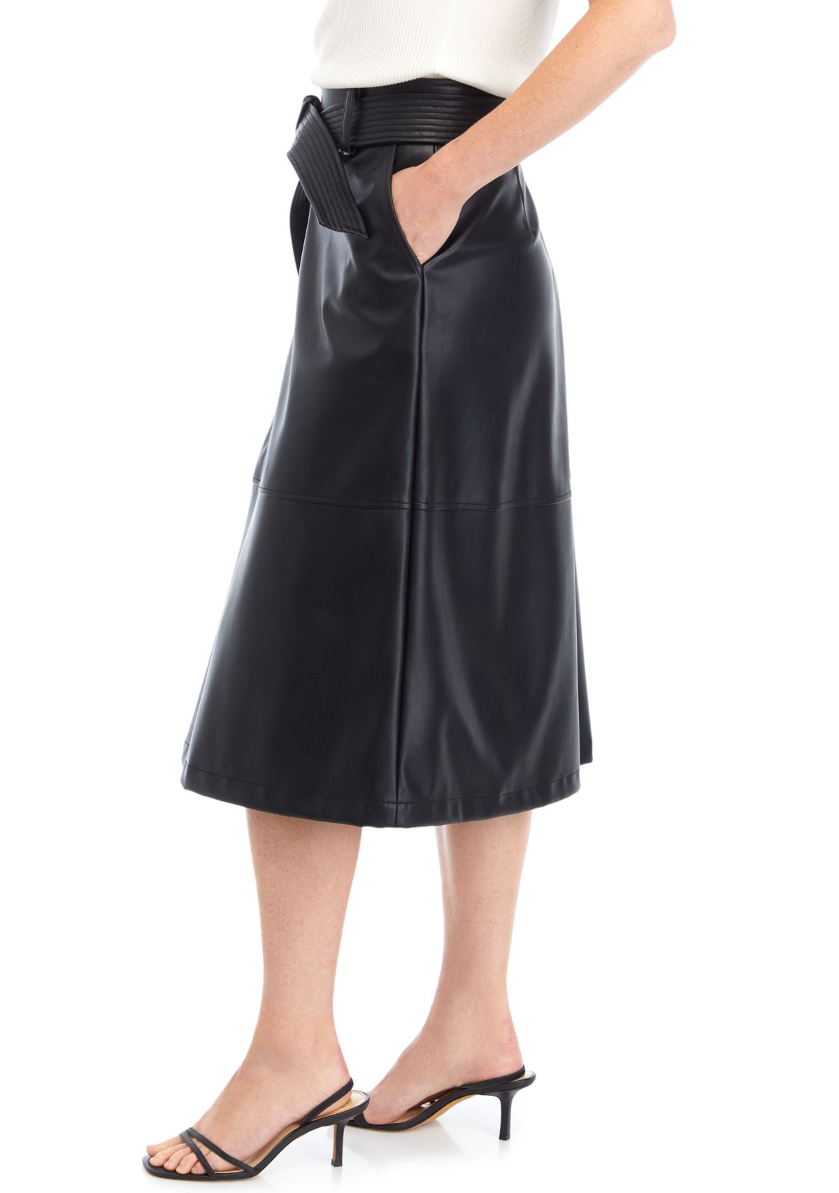 Womens Belted Vegan Leather Midi Dress