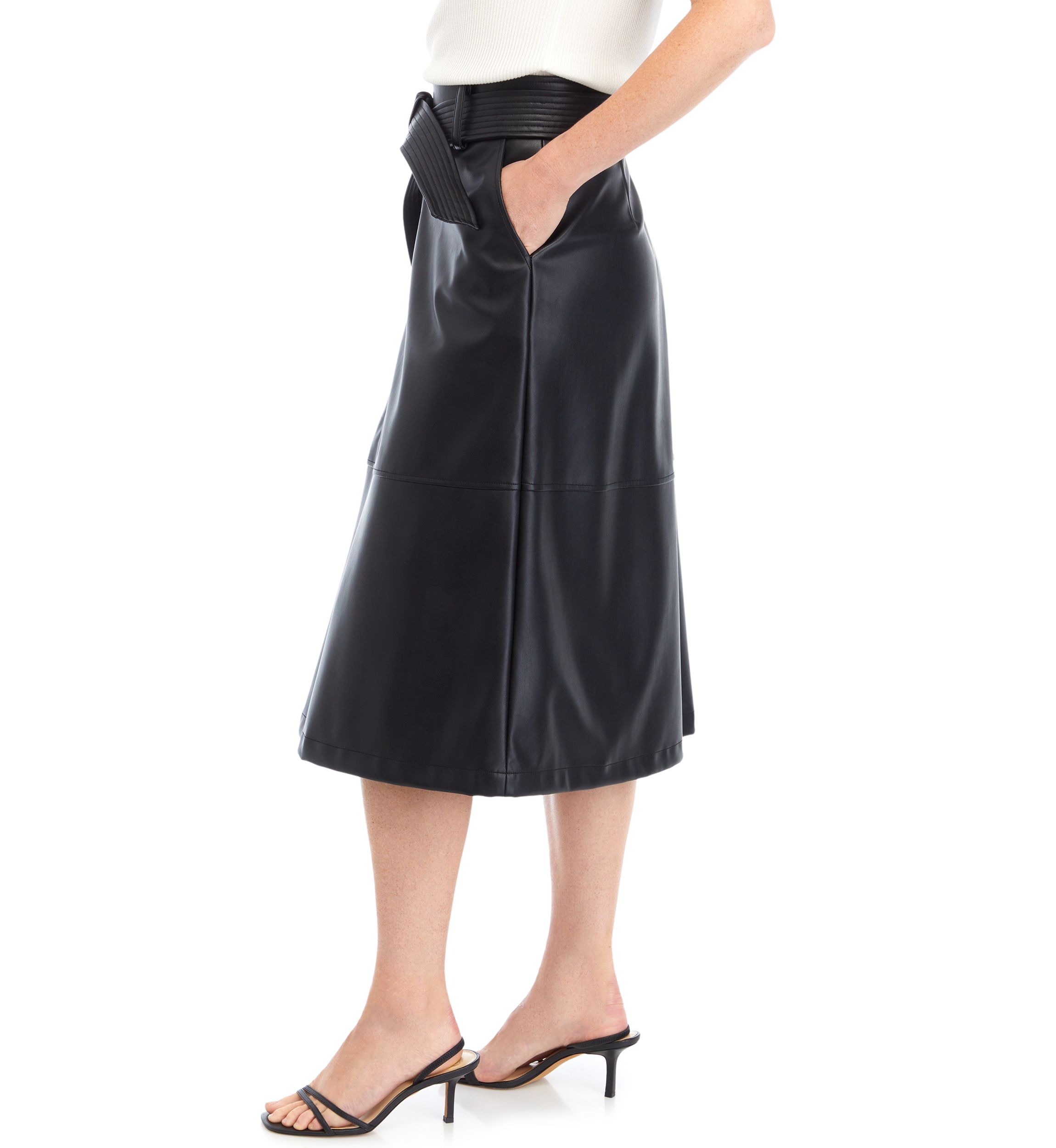 Womens Belted Vegan Leather Midi Dress