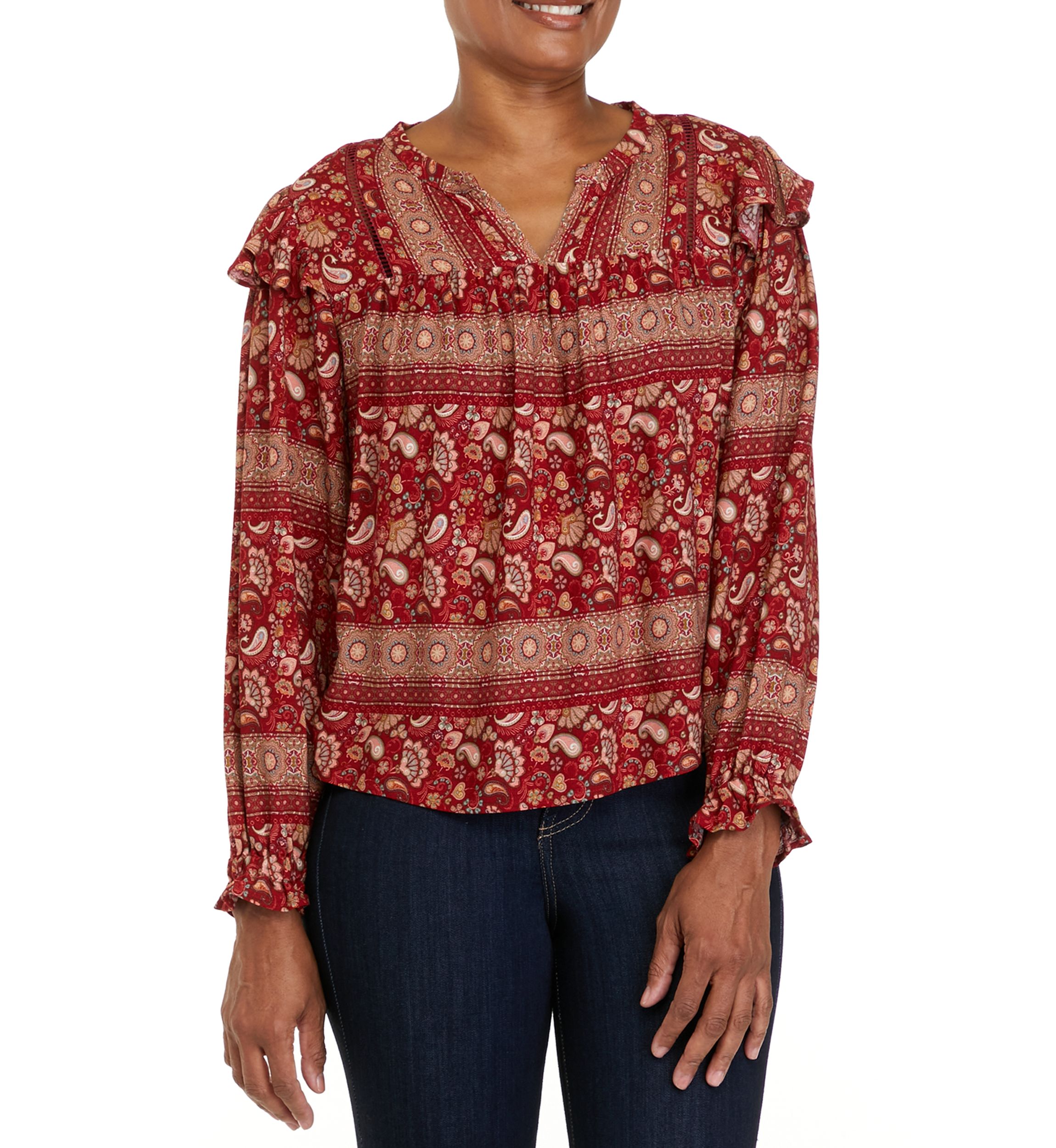 Petite Printed Split Neck Woven Top