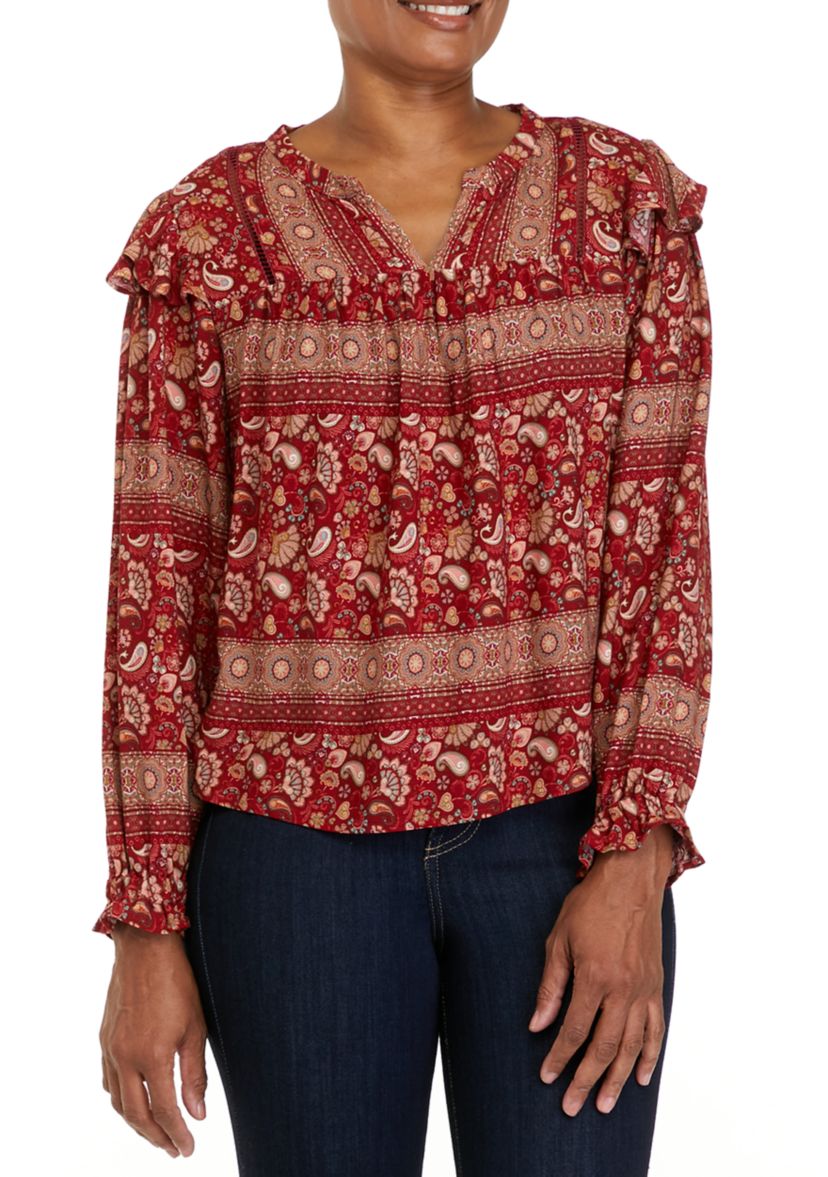 Petite Printed Split Neck Woven Top