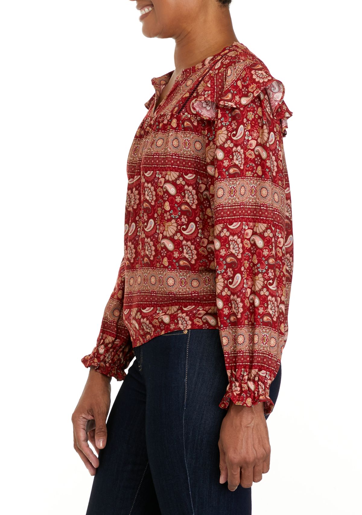 Petite Printed Split Neck Woven Top