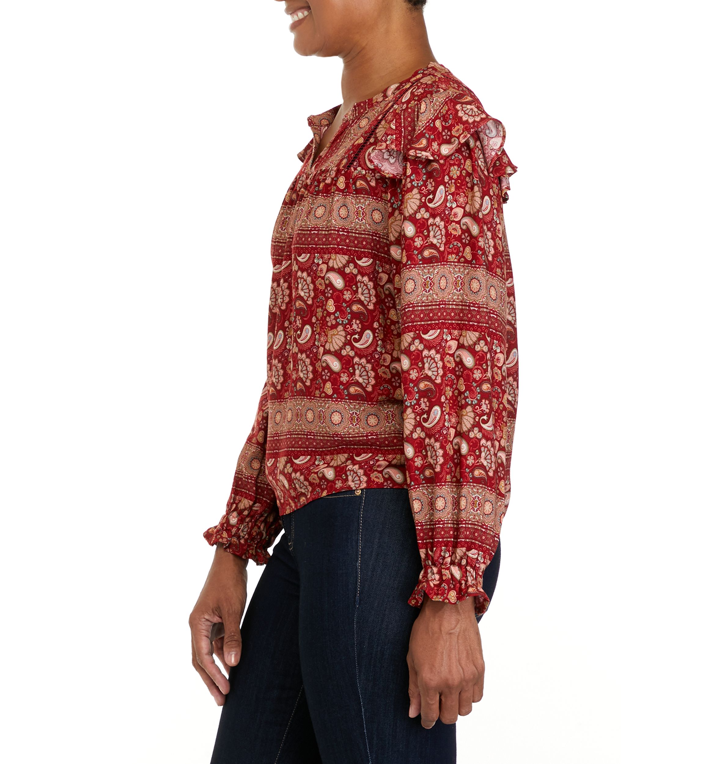 Petite Printed Split Neck Woven Top