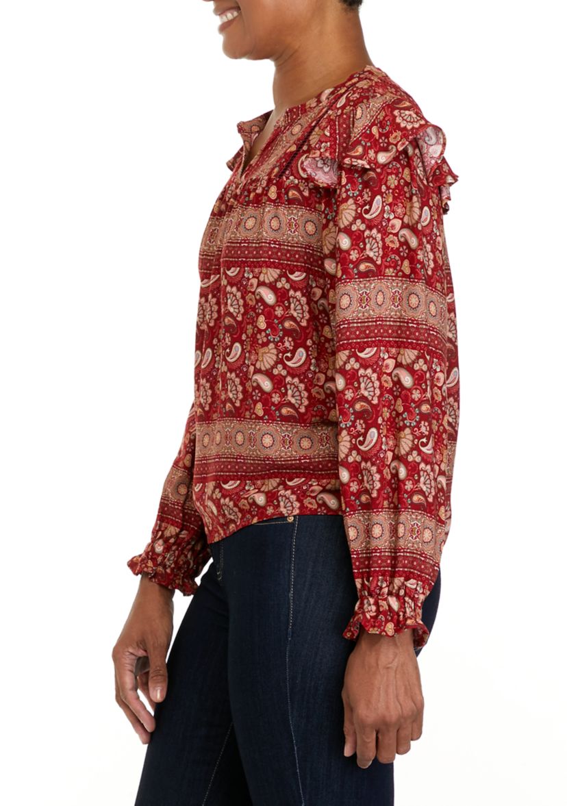 Petite Printed Split Neck Woven Top