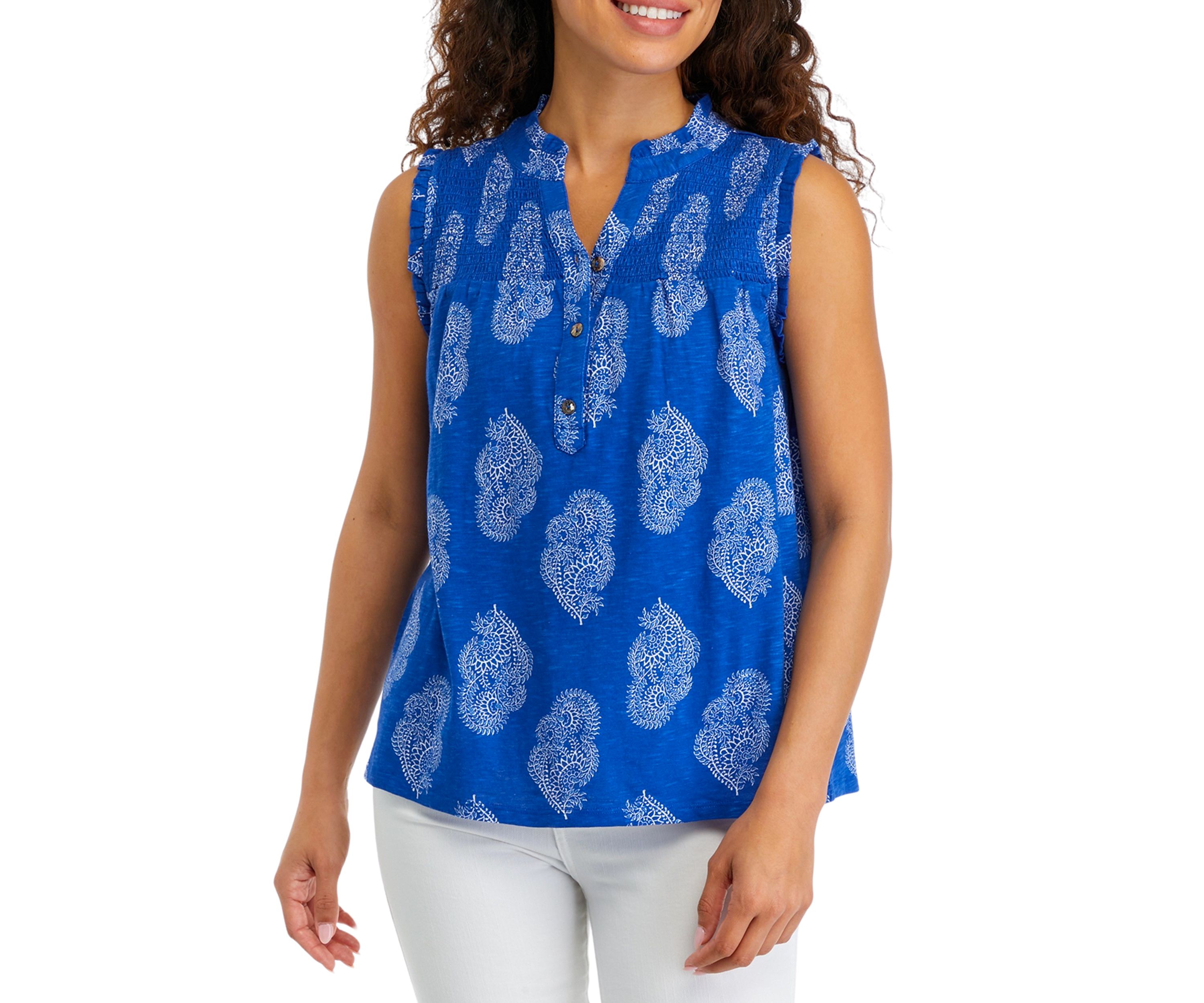 Petite Smocked Yoke Printed Blouse