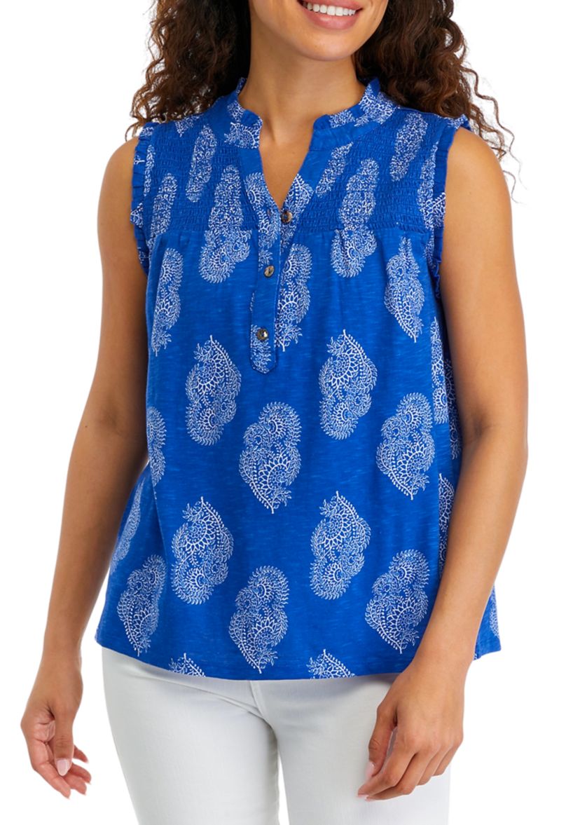Petite Smocked Yoke Printed Blouse