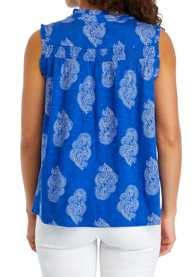 Petite Smocked Yoke Printed Blouse