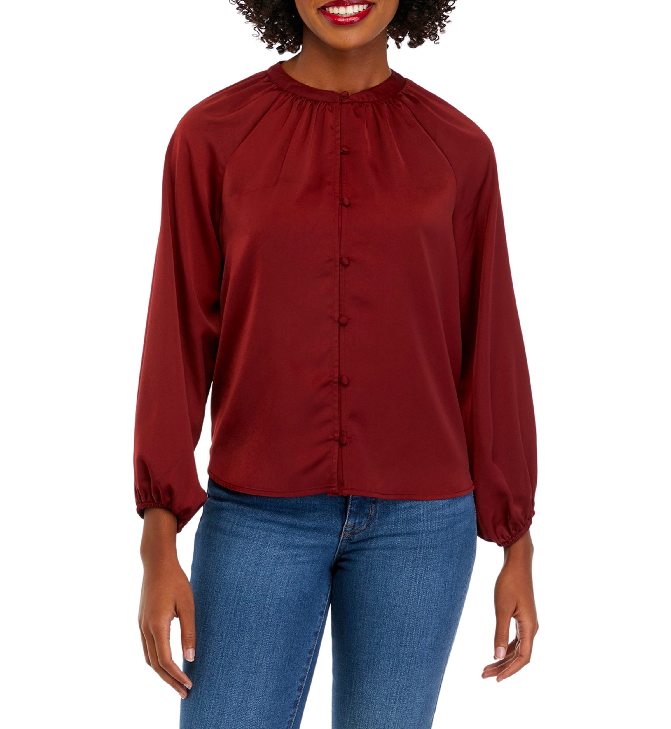 Petite Long Sleeve Satin Peasant Top