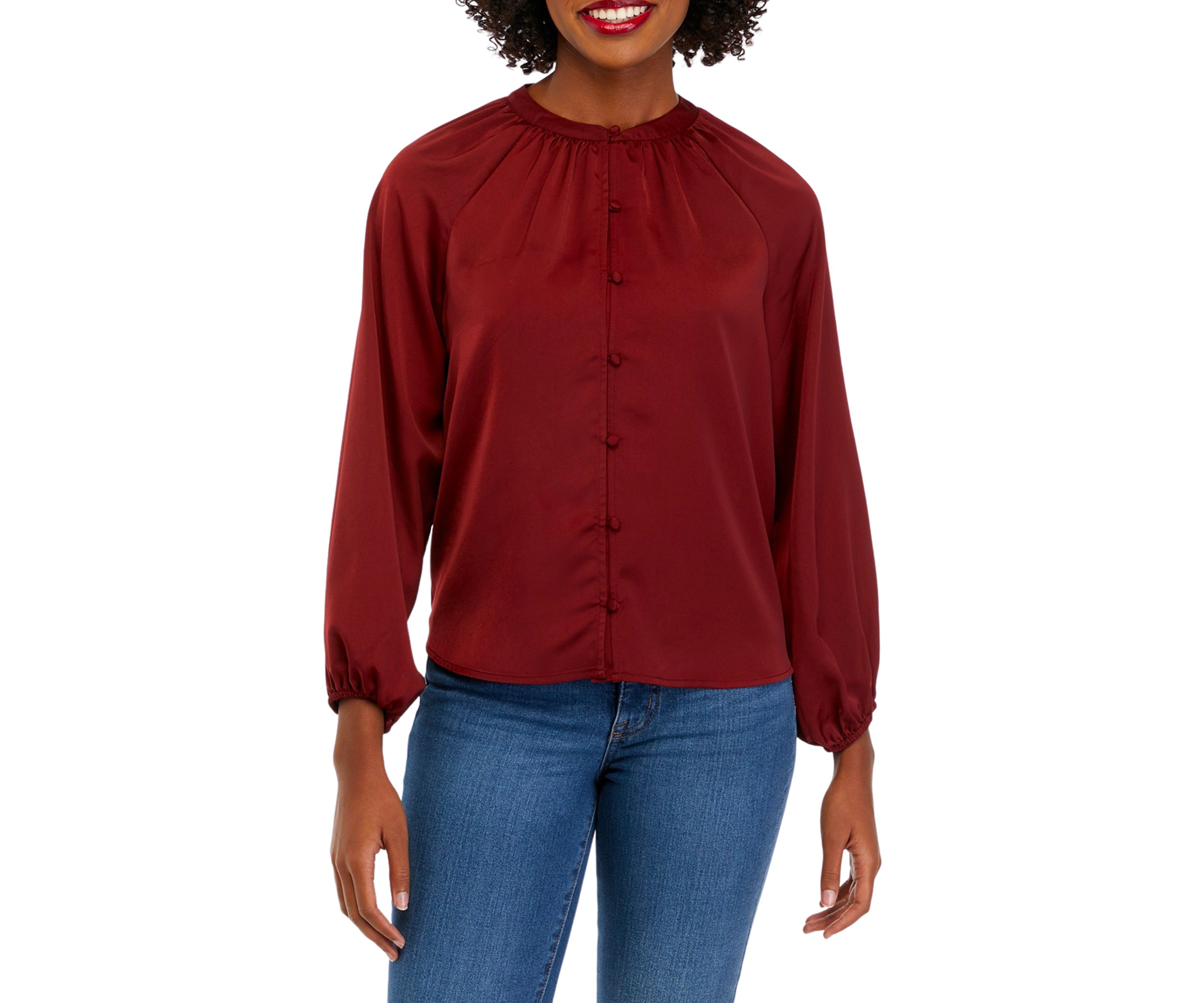 Petite Long Sleeve Satin Peasant Top
