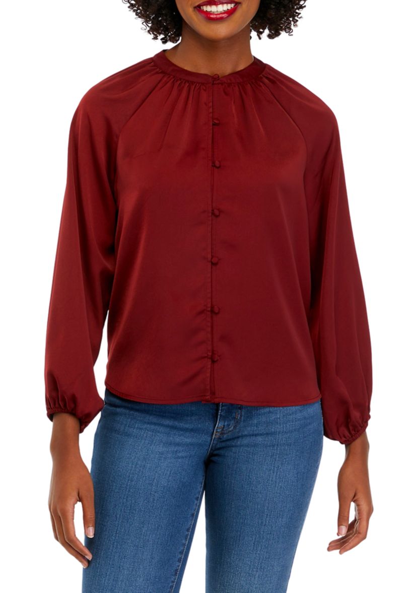 Petite Long Sleeve Satin Peasant Top