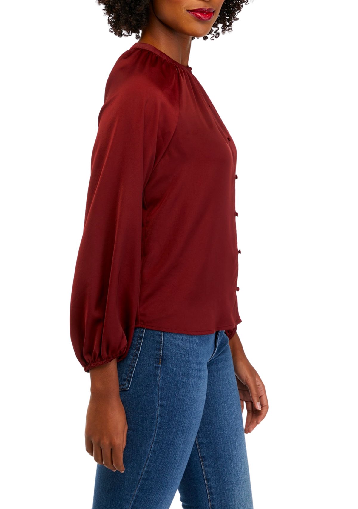 Petite Long Sleeve Satin Peasant Top