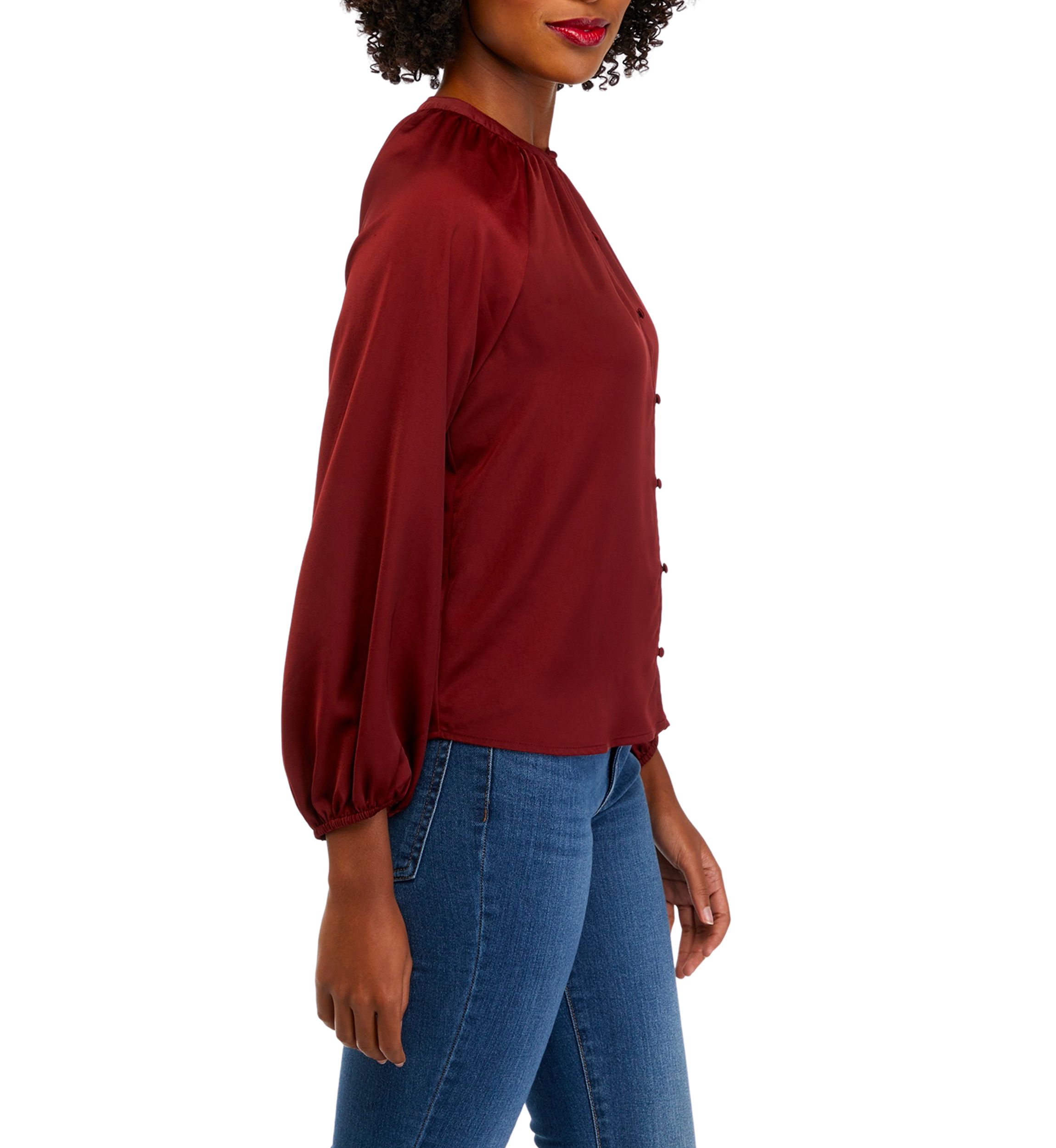 Petite Long Sleeve Satin Peasant Top